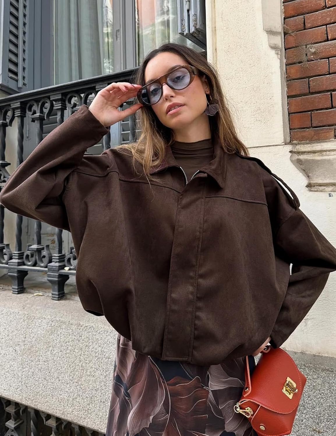 Kissonic Women's Oversized Jackets Faux Suede Bomber Jacket Lapel Pilot Cropped Casual Coat for Streetwear Outerwear - Image 6