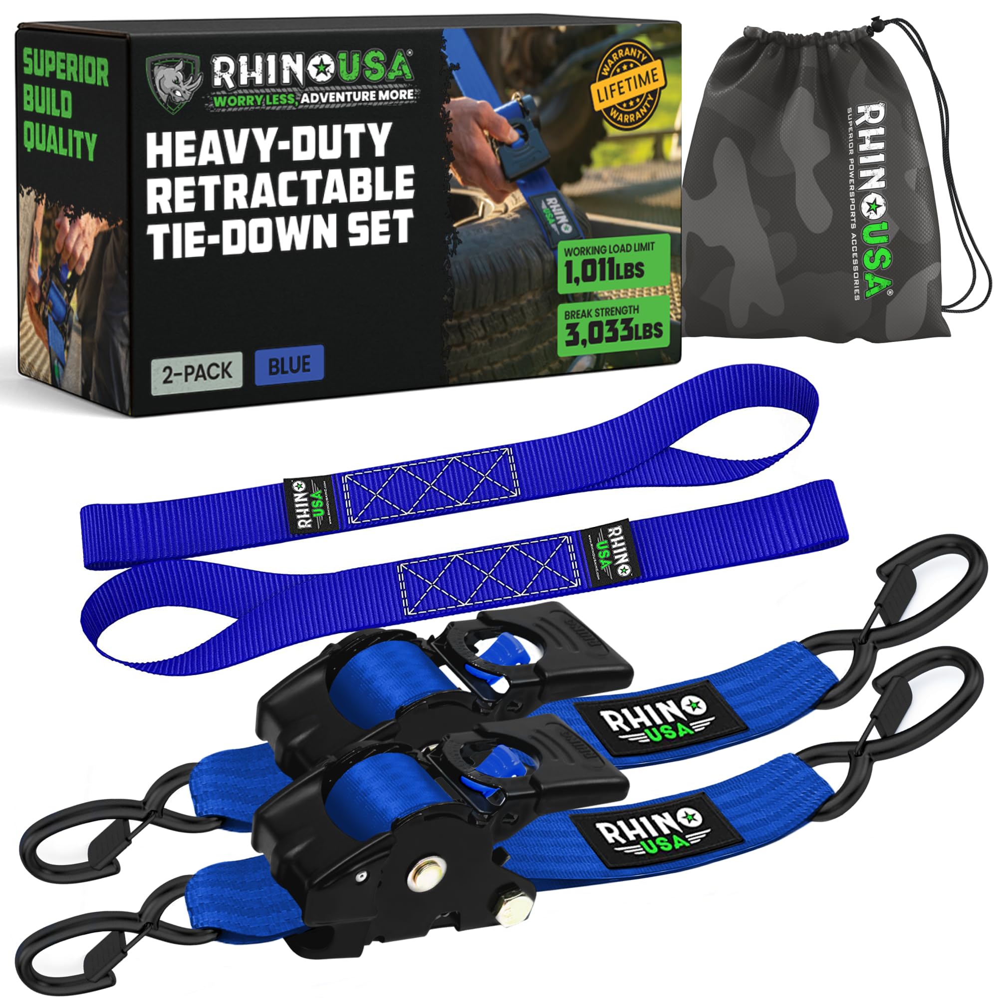 Rhino USA Retractable Ratchet Tie Down Straps (2PK) - 1,360kg Guaranteed Max Break Strength, Includes (2) Ultimate 5 cm x 3 m Autoretract Tie Downs with Padded Handles - Blue