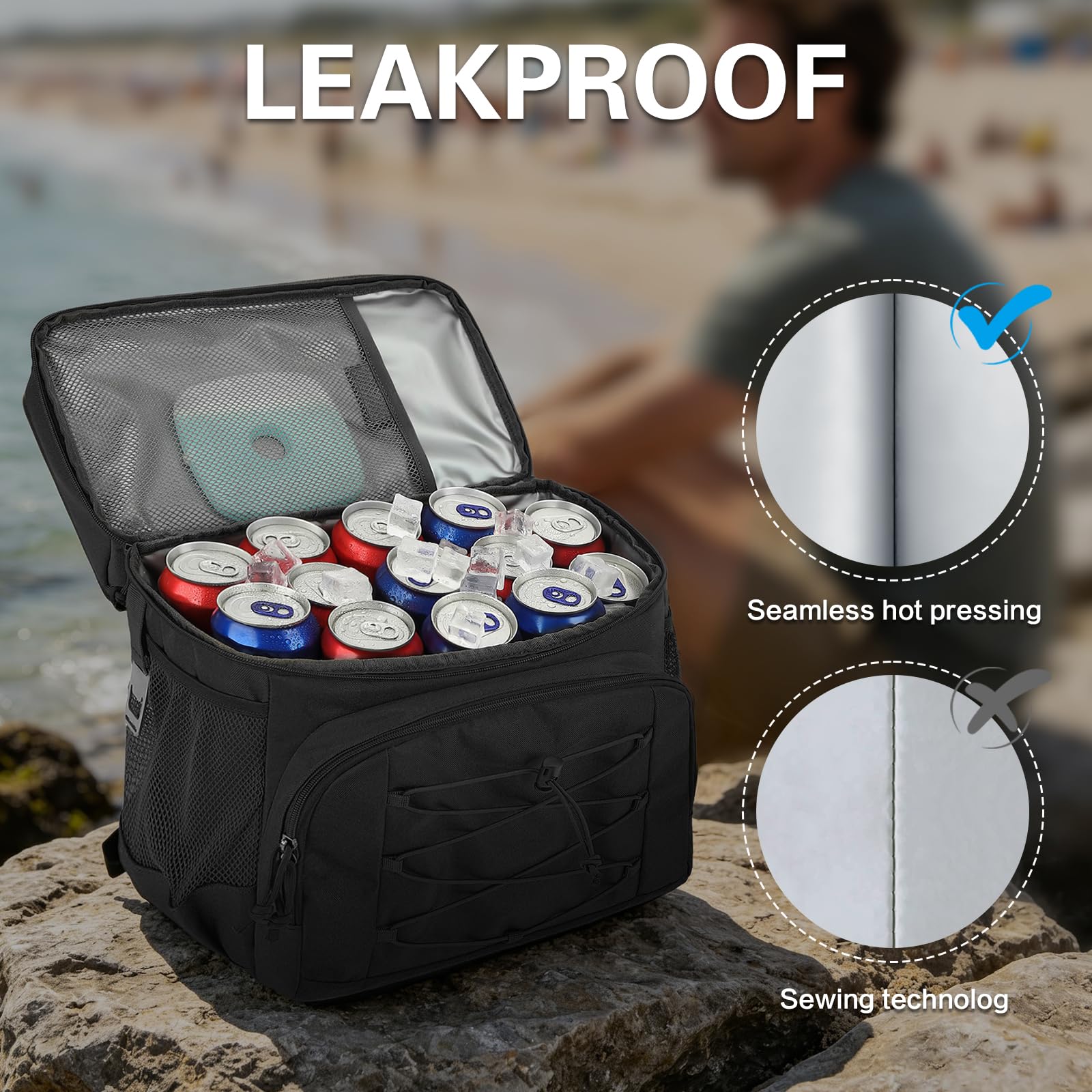 Mochila Nevera Táctica 20L Mochila Termica Pequeña con doble compartimento para hombre y Mujeres Prueba de Fugas Bolsas Isotermica para Trabajo , Playa, Picnics, Campingaz, Negro