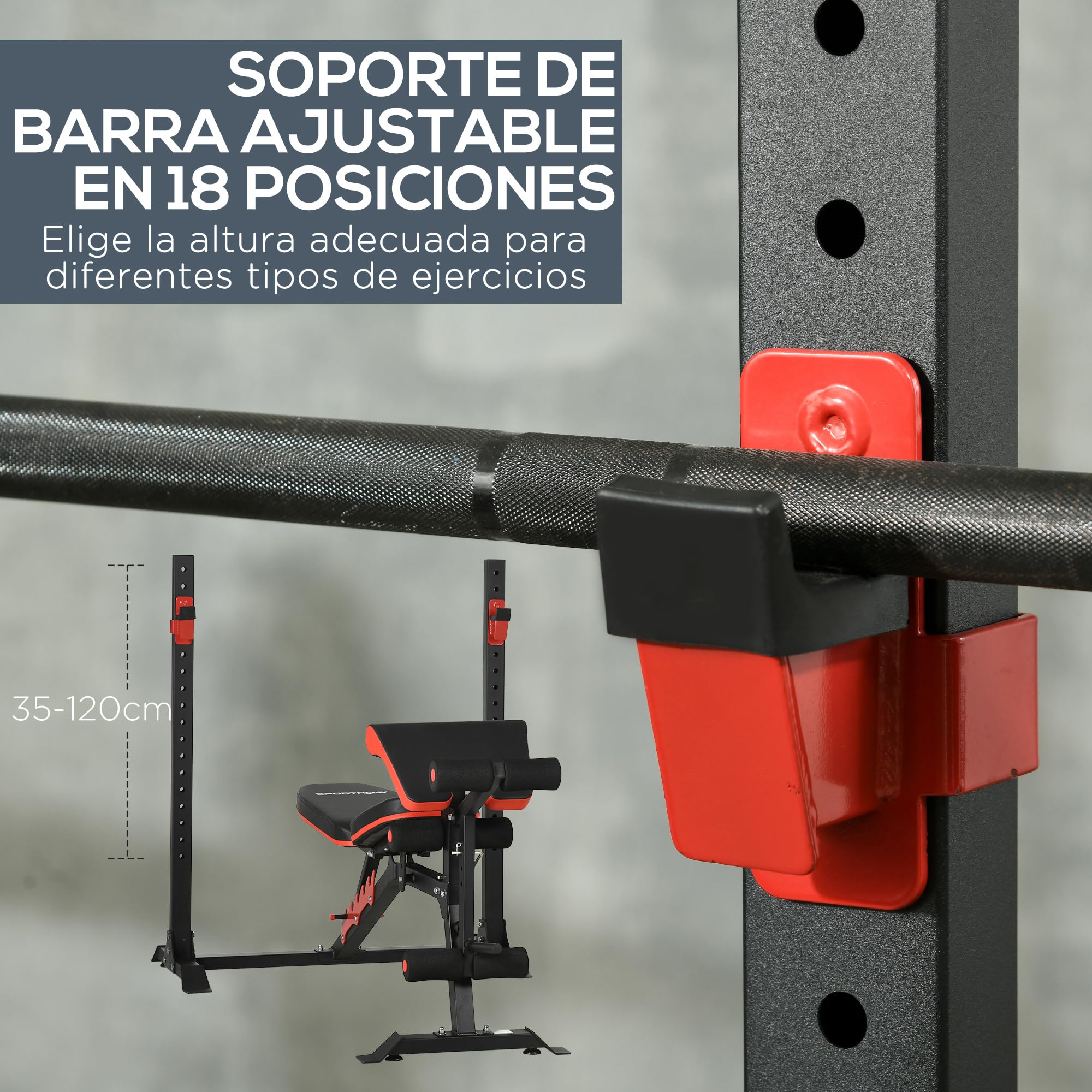 SPORTNOW Banco de Musculación Multifuncional Banco de Pesas Musculación con Respaldo y Soporte de Barras Ajustables Carga 150 kg para Entrenamiento Piernas Abdominal Pecho y Brazos Negro