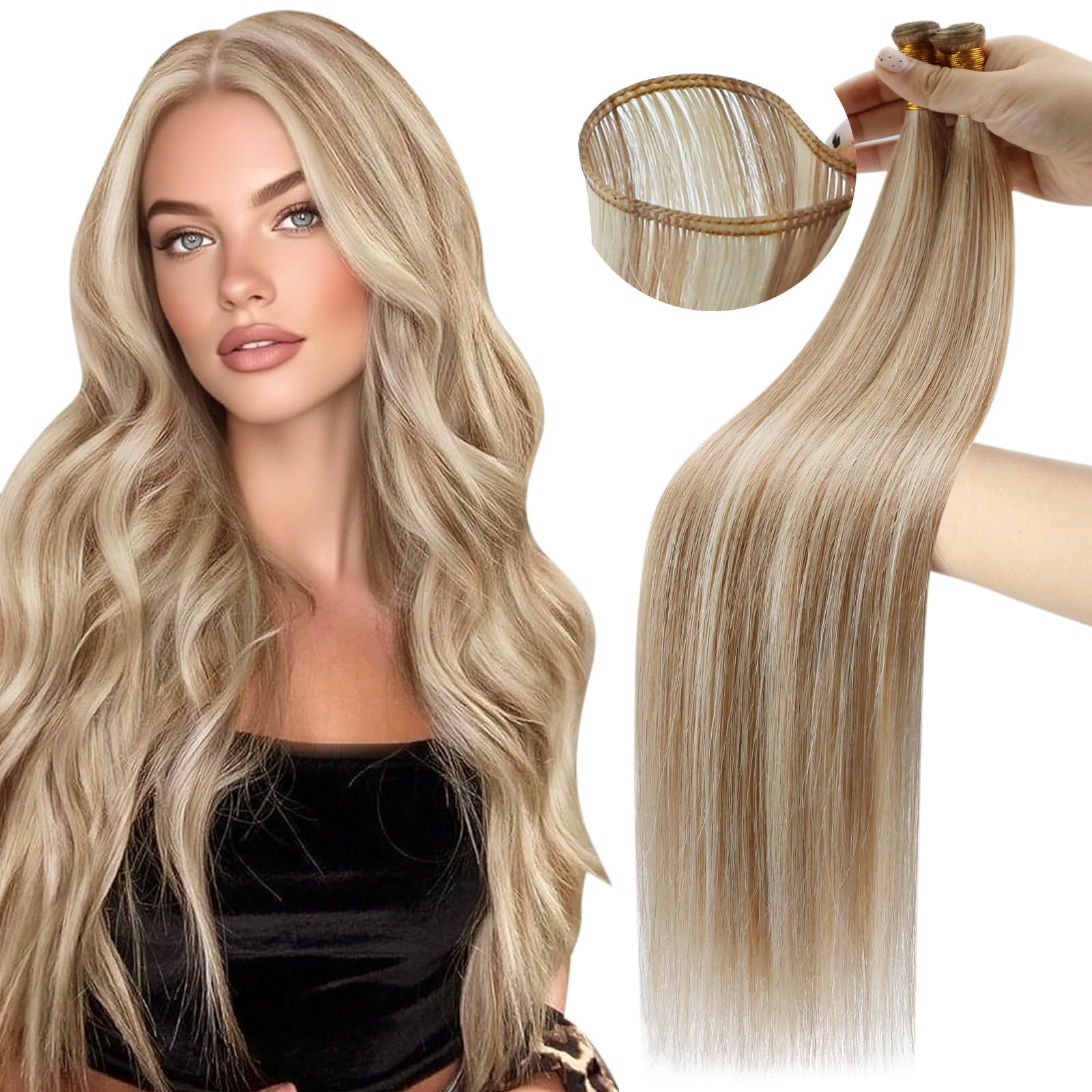 Moresoo Butterfly Weft Hair Extensions Remy Human Hair Ash Blonde Highlight Bleached Blonde 18 Inch OVO Weft Hair Extensions Human Hair Ash Blonde Highlight 100g/pack #18/613 — view 17