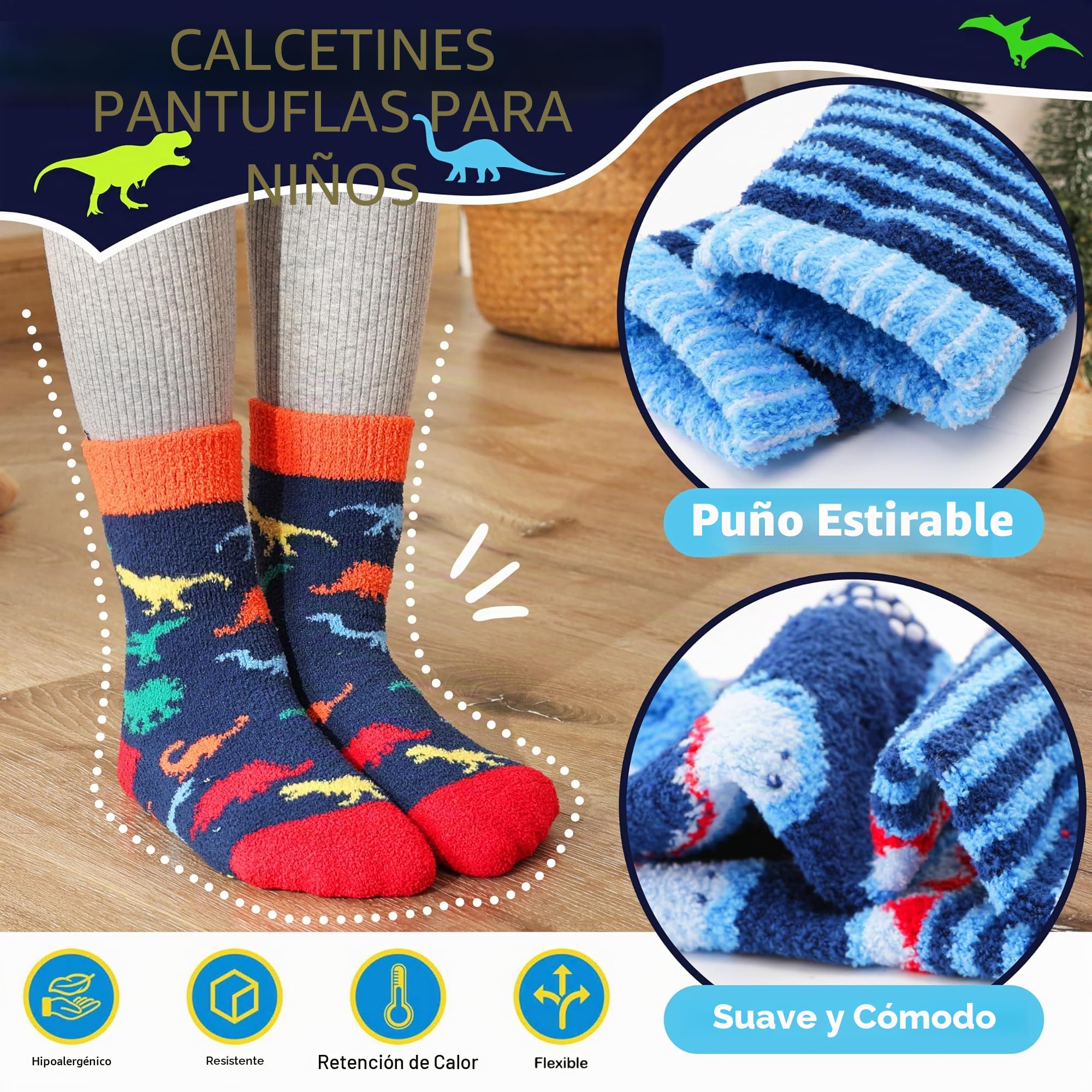 Welwoos 6 Pares Calcetines Antideslizantes Termicos Niños, Calcetines Divertidos Antideslizantes Invierno Transpirable para Niños Tallas 22-34