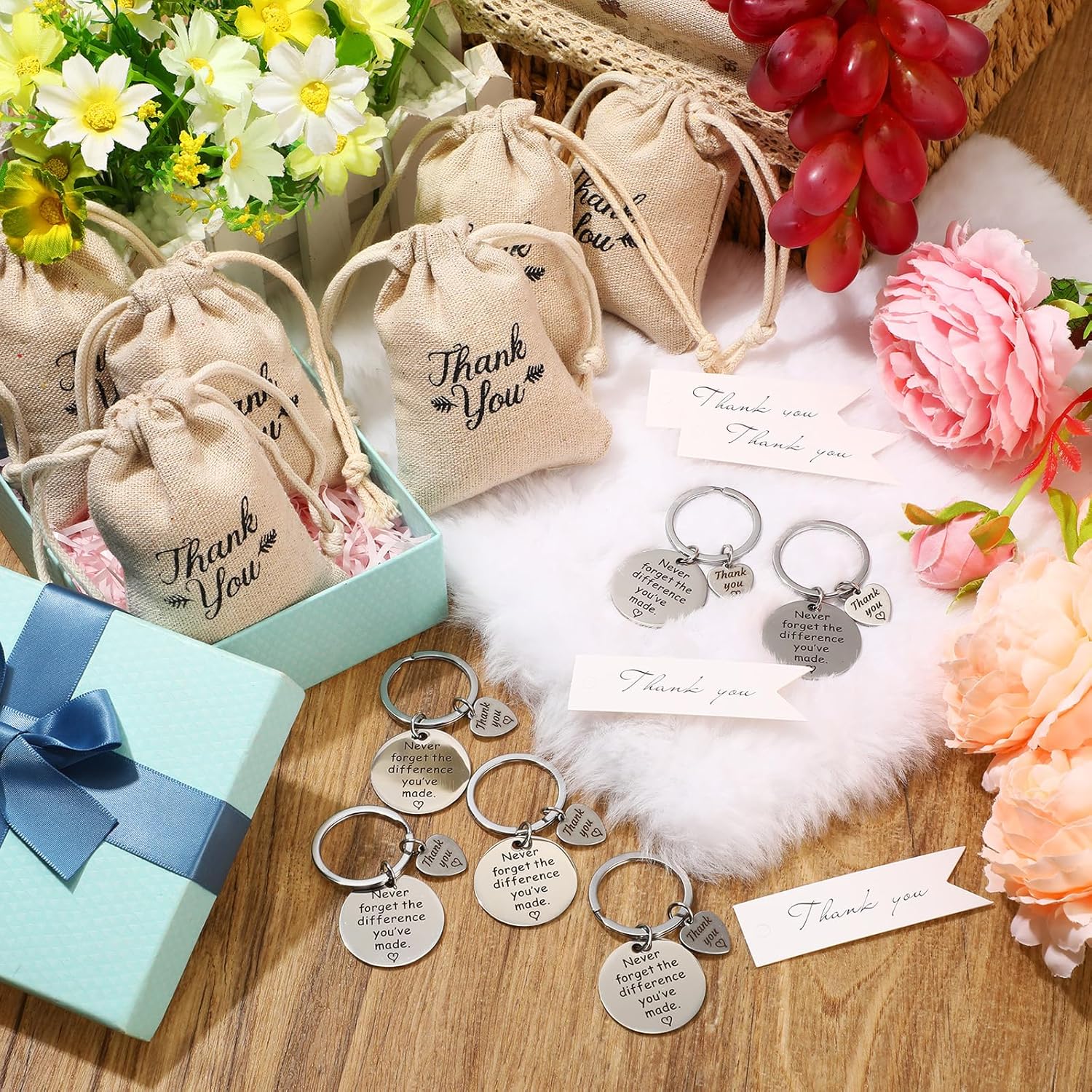 Huquary 108 Pcs Employee Appreciation Gifts Bulk Thank You Keychain Include Coworker Appreciation Keychains Drawstring Bags Thank You Tags For Office Teacher Nurse Graduation Team Gifts