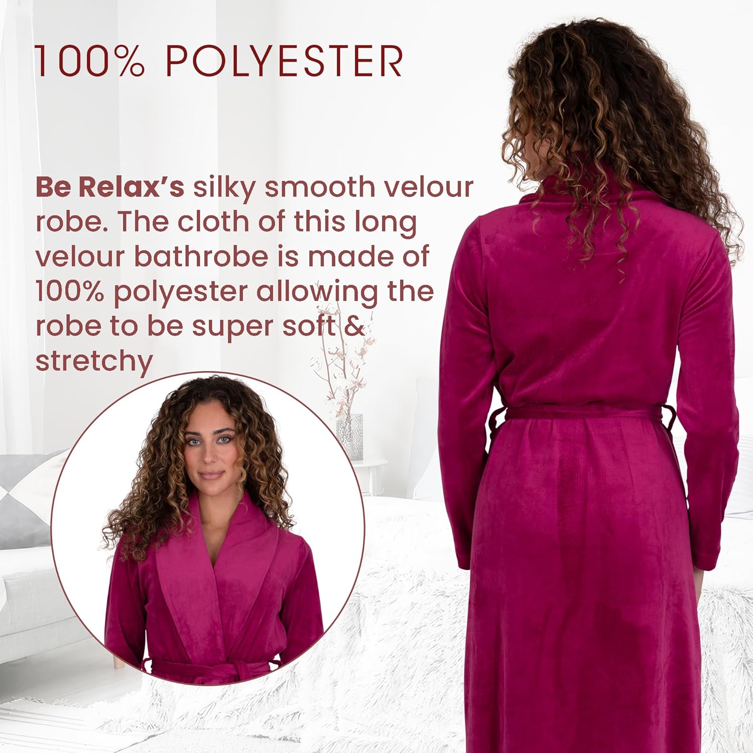 Be Relax Terry Velour Robe - Made of Polyester, Shawl Collar Robe with Belt & Side Pockets, Soft & Warm Bathrobe for Women - Image 2