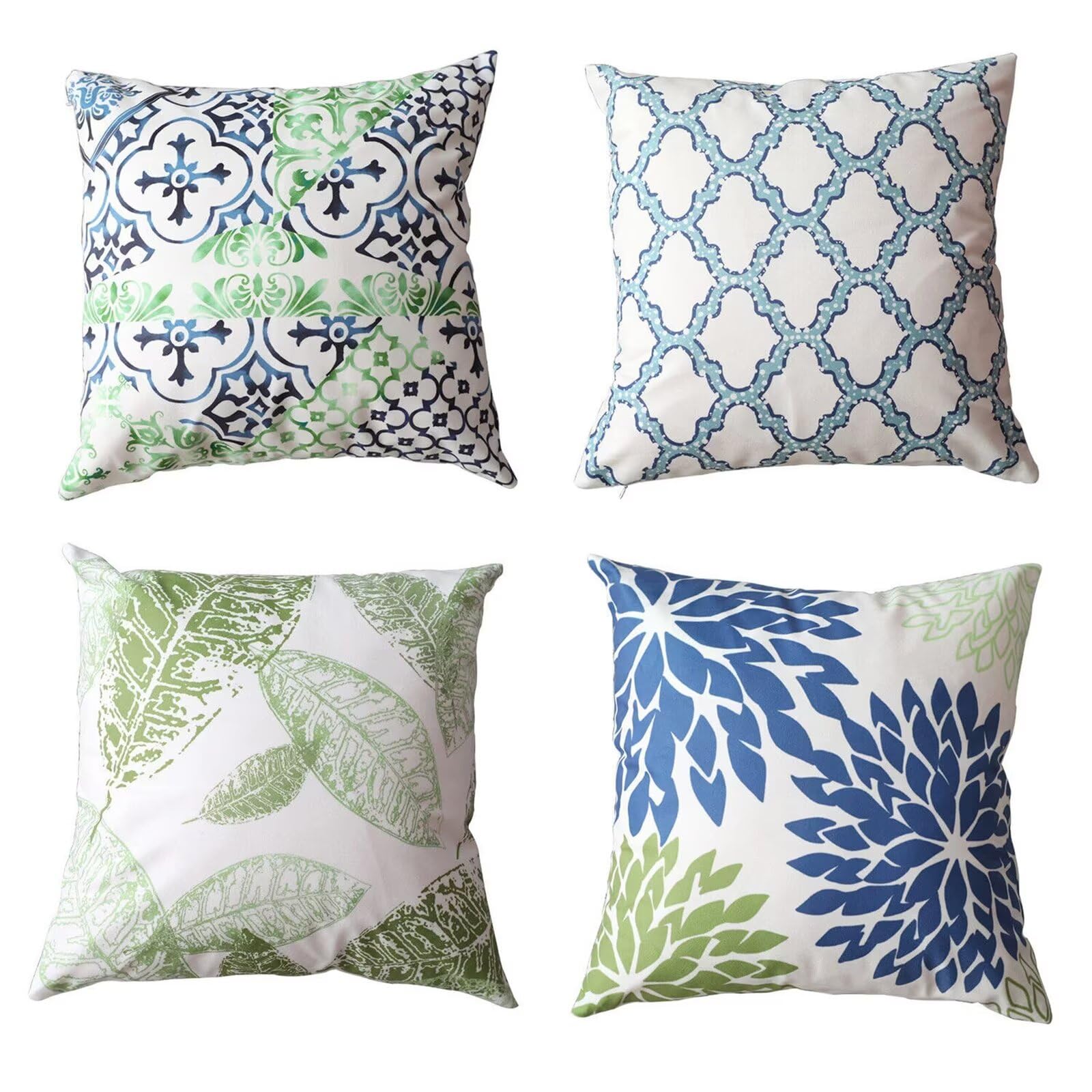Heaen Outdoor Cushions Covers Waterproof 55x55 cm Set of 4 Square Linen Pillow Cases Green Blue Leaves Decorative Dushions for Sofa Porch Patio Home Decor