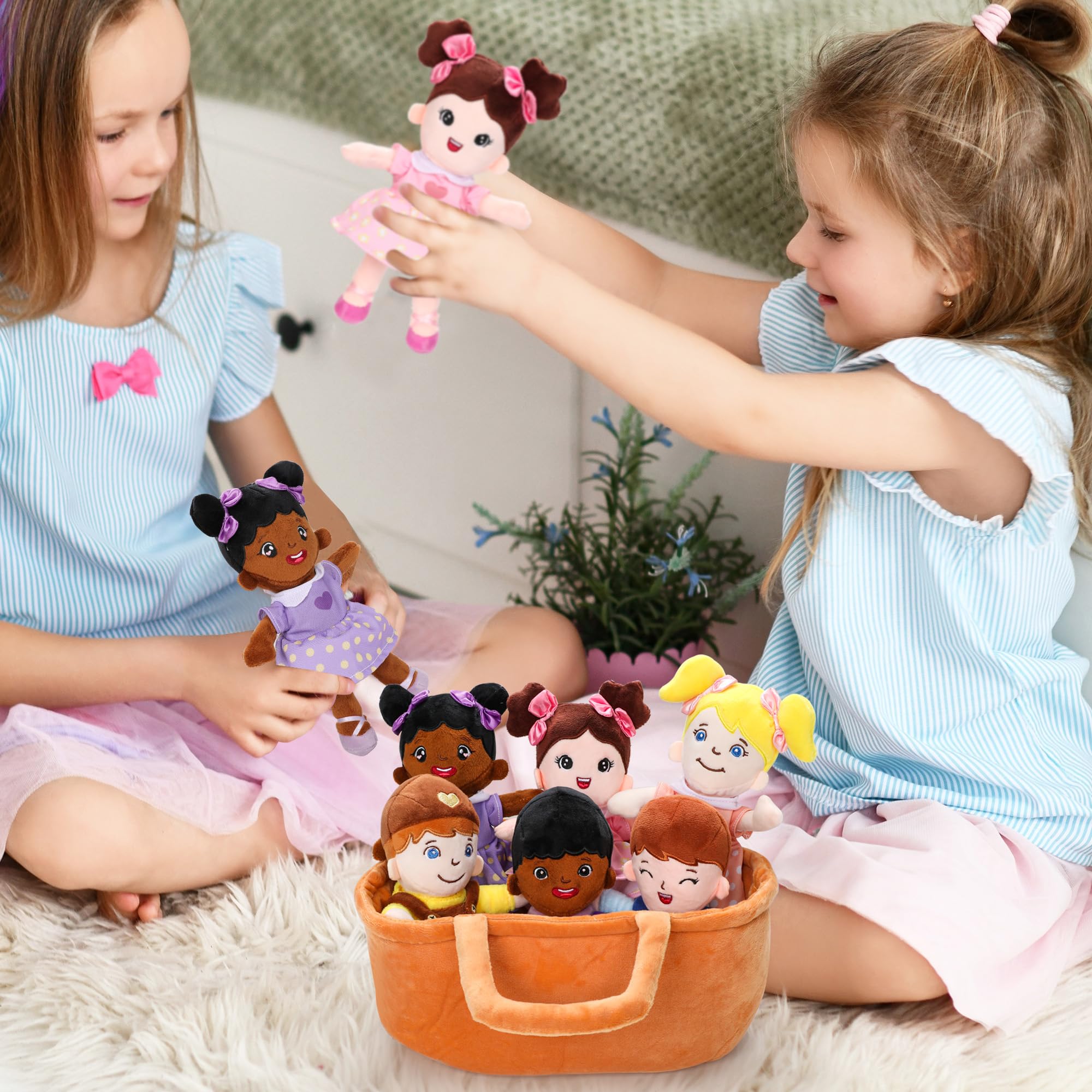 Qpewep Basket of Baby Plush Dolls - 8" Plush Diversity Baby Dolls- 6 Piece Set Interchangeable Clothes Soft Stuffed Plush Figures for All Ages Xmas Gift - Image 6