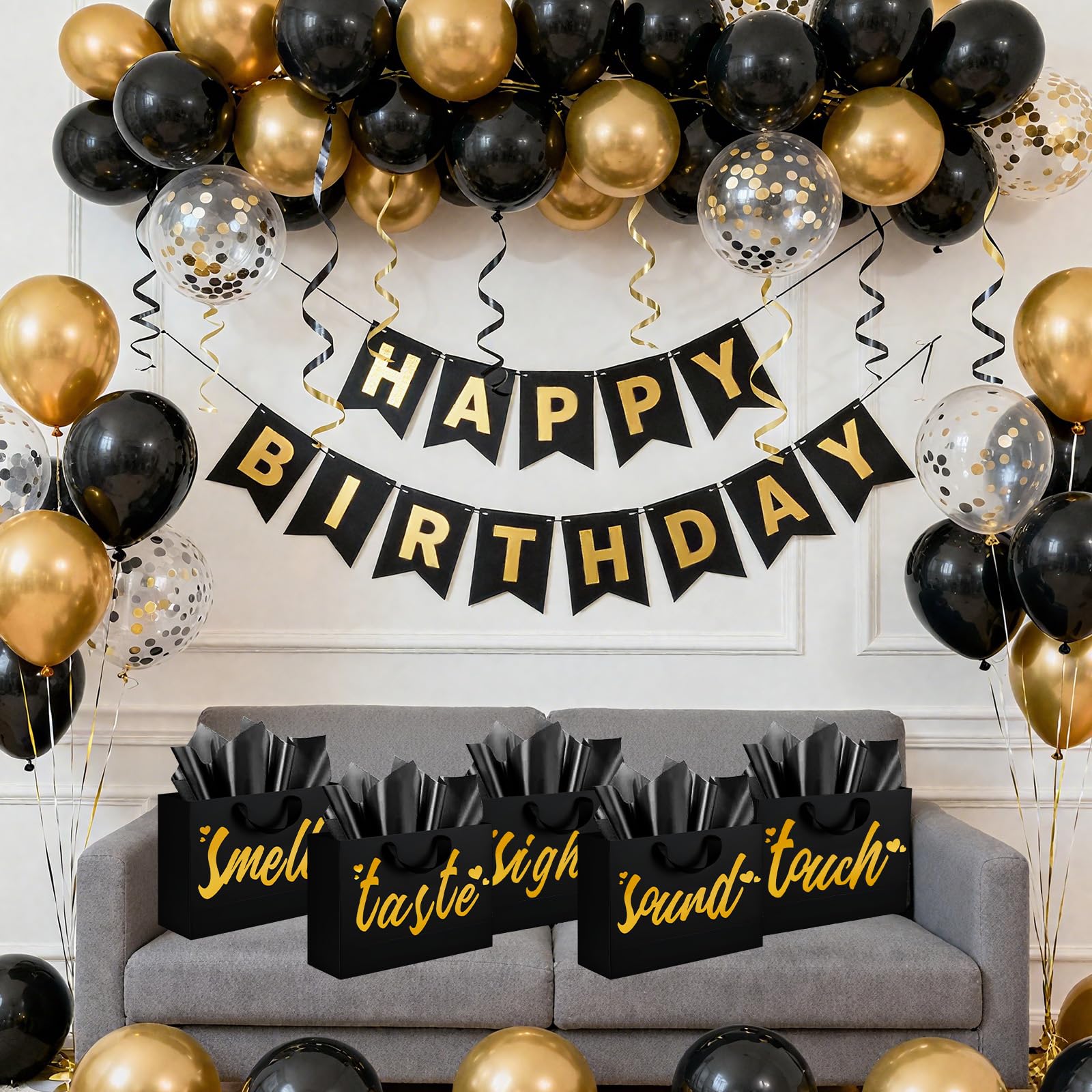 5 Senses Gift Bags for Him with Labels - Five Senses Birthday Party Decorations,Tissue Paper Rose Petals and Happy Birthday Banner Balloons for Husband Boyfriend Party Decor(Gold Black)
