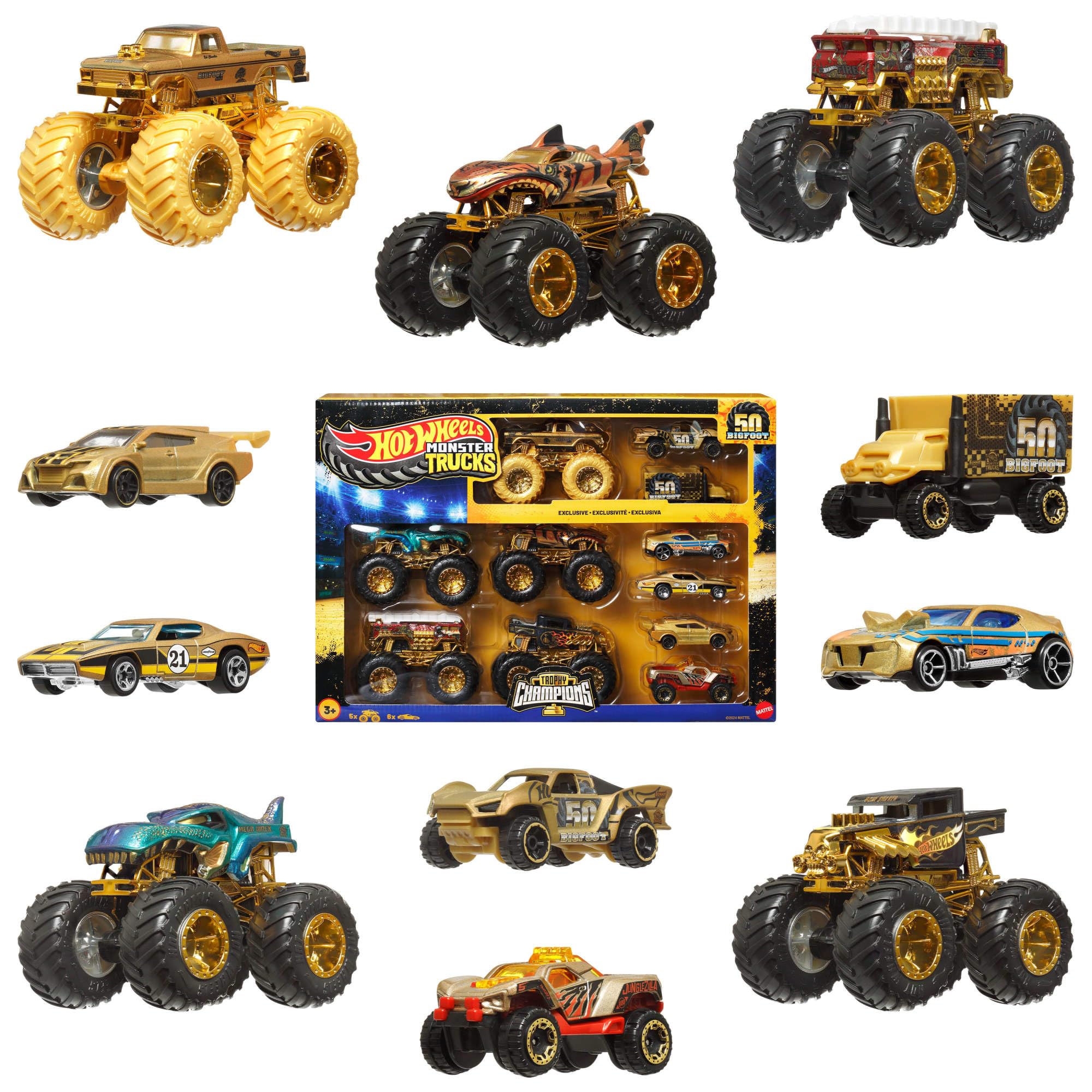 Hot Wheels Toy Cars & Trucks, Monster Trucks Trophy Champions Collection with Die-Cast Bigfoot, 5-Alarm, Bone Shaker - Image 2