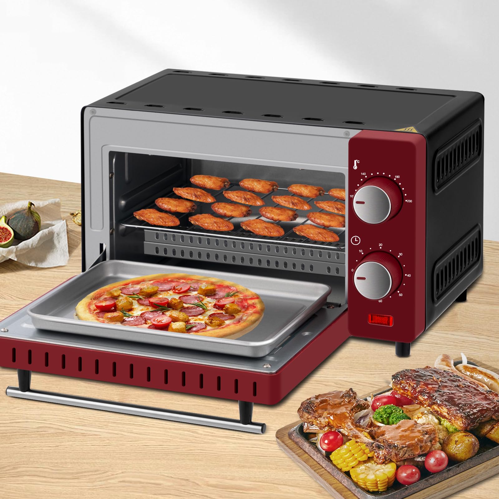WOLTU Horno Electrico Pequeño10 L, 650 W, Control de Temperatura 100-230℃ y Temporizador 0-60 Minutos, con Bandeja y Rejilla, Rojo+Negro