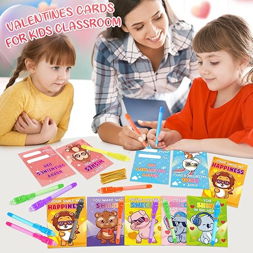 Miniatura 8 de Paquete de 28 bolígrafos de tinta invisible de San Valentín con cuaderno, tarjetas de felicitación de San Valentín para el aula de niños, bolígrafo