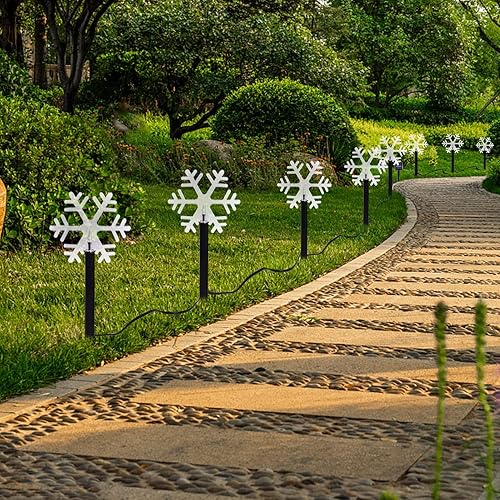 Miniatura 7 de Luces de camino de Navidad  Luces solares de copo de nieve con estaca impermeables para exteriores, paquete de 5 luces decorativas al aire libre