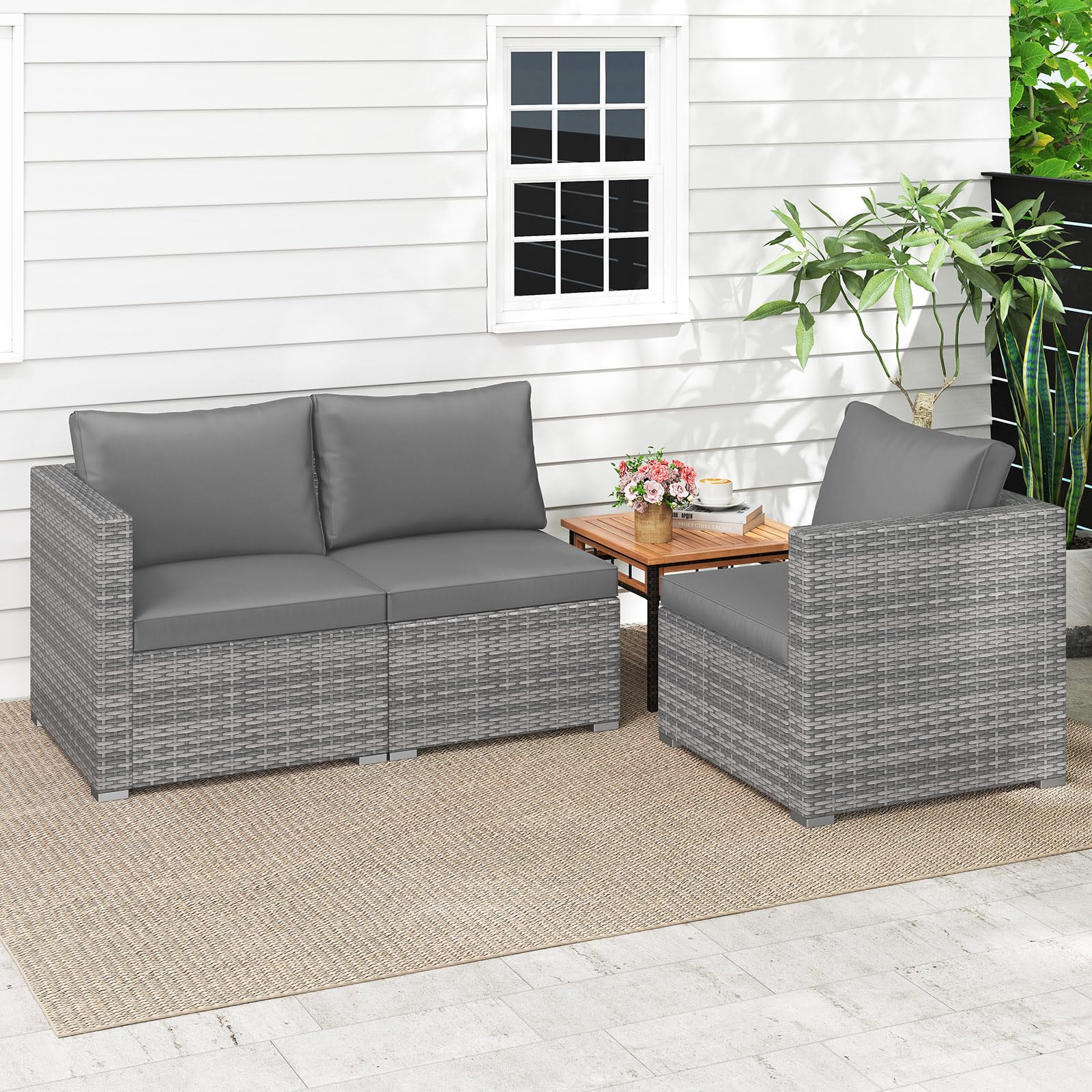 COSTWAY Gartensofa mit Kissen, 3-Sitzer Lounge Sofa, Rattan Lounge Möbel Outdoor, Gartenlounge, Gartenmöbel, Terrassenmöbel, Balkonmöbel, wetterfest, 193 x 67 x 61,5 cm (Grau)