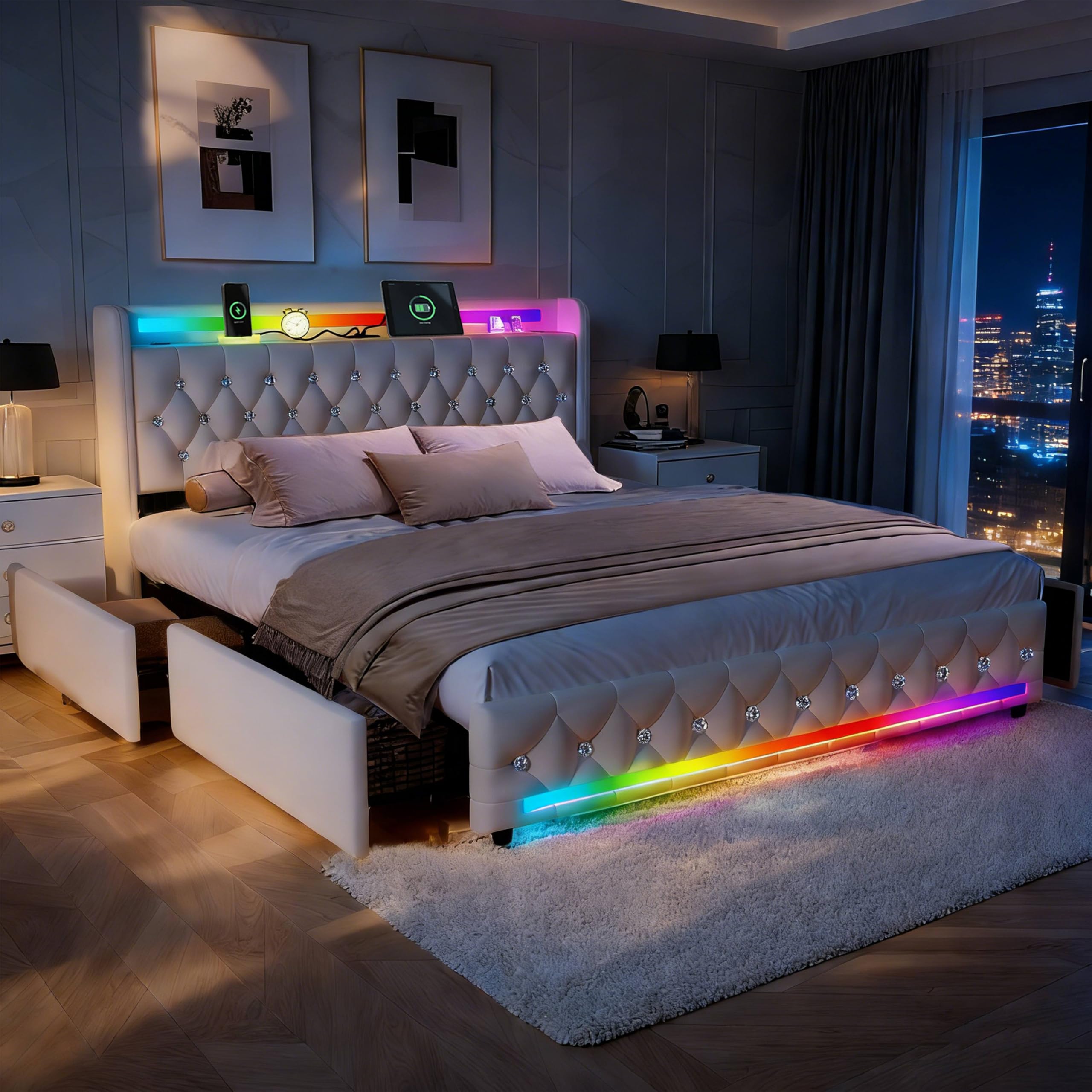 Letto Imbottito Moderno con Illuminazione LED, Altoparlante Bluetooth, 4 Cassetti di Archiviazion, Tessuto in Velluto con Ricarica USB/Type-C,160x200 cm, Beige
