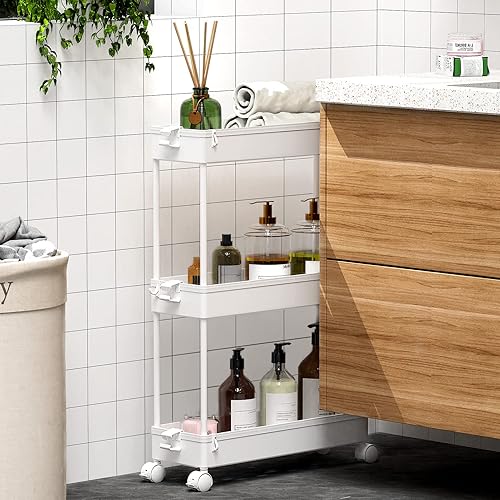 Miniatura 5 de SPACEKEEPER Carrito de almacenamiento delgado con ruedas organización de cuarto de servicio estantería móvil de 3 niveles organizador de baño Negro,