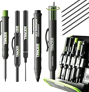 Tracer 5 Piece Construction Marker Kit with Storage Case - Carpenter's Pencil, 2 x Long Nib Markers, Clog-free Marker and Replacement Leads Dispenser