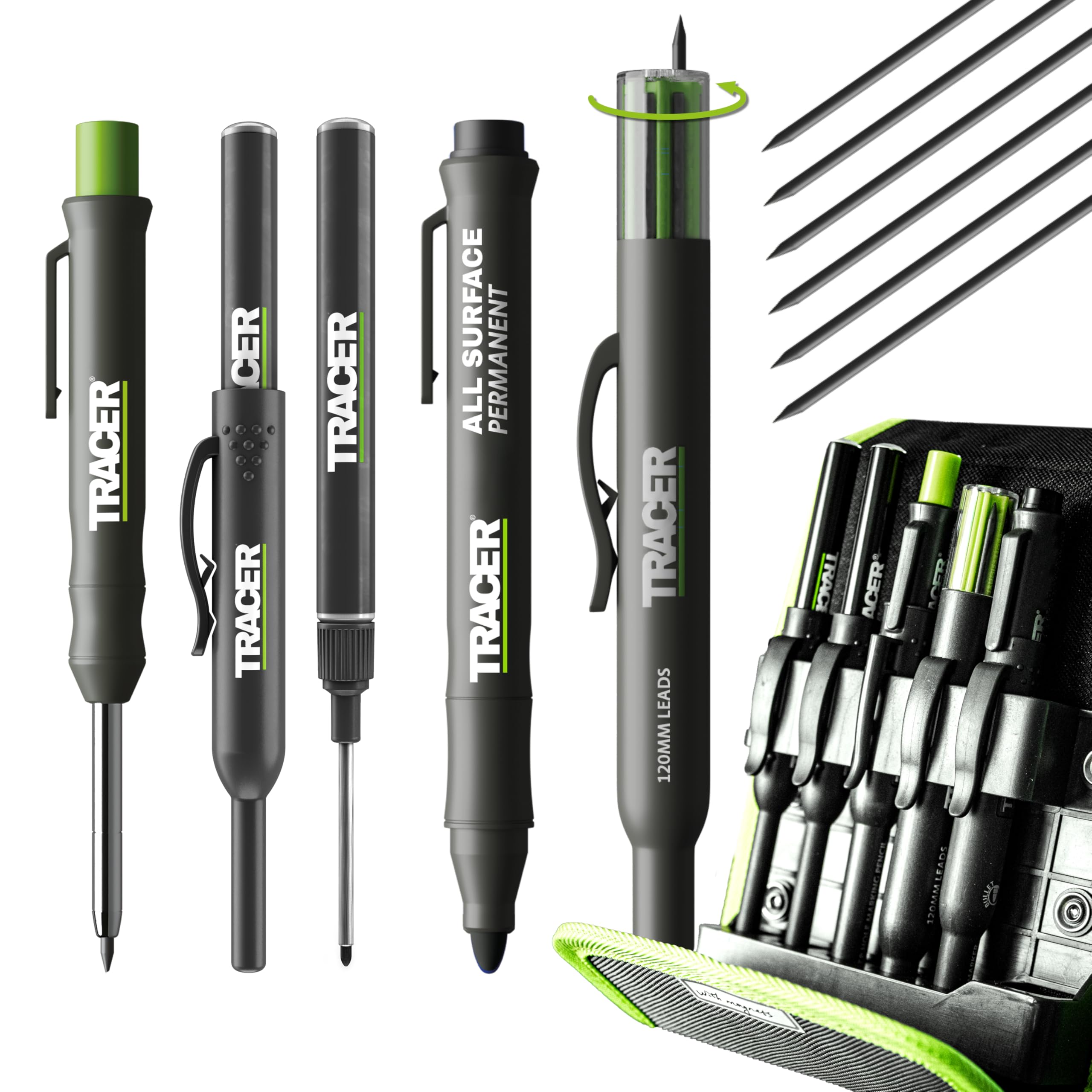 Tracer Kit de 5 marqueurs de construction avec étui de rangement – Crayon de charpentier, 2 marqueurs à pointe longue, marqueur sans obstruction et distributeur de mines de rechange