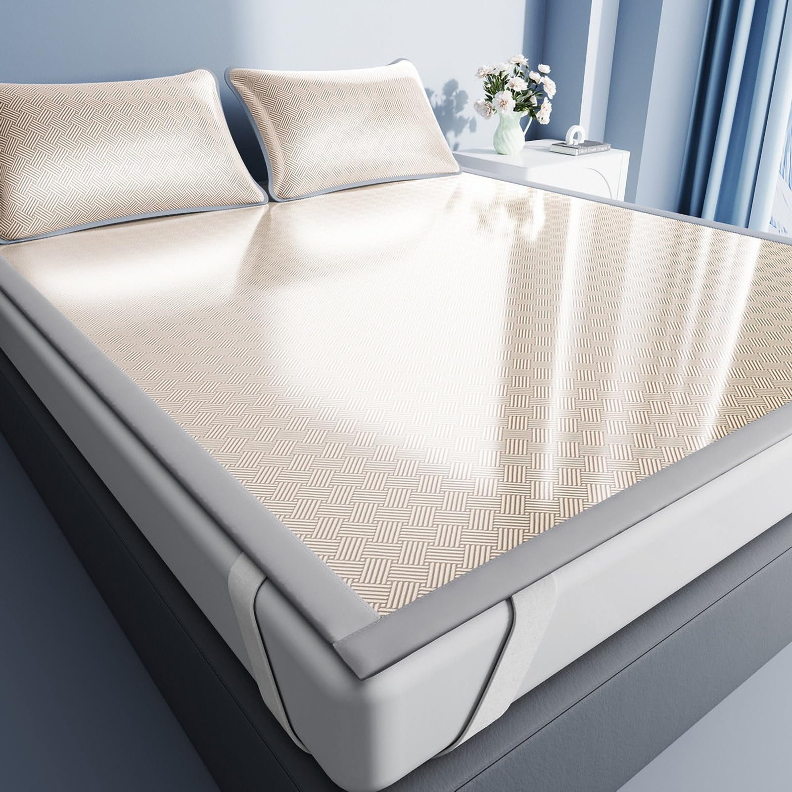 AVSMGP ,C,150×200cm/59.1×78.7", Ice Silk Cooling Mattress Pad with Pillowcases, Summer Sleeping Mat Foldable- Honeycomb Breathable Quick Cooling Design for Home, Dormitory & Hot Sleeper