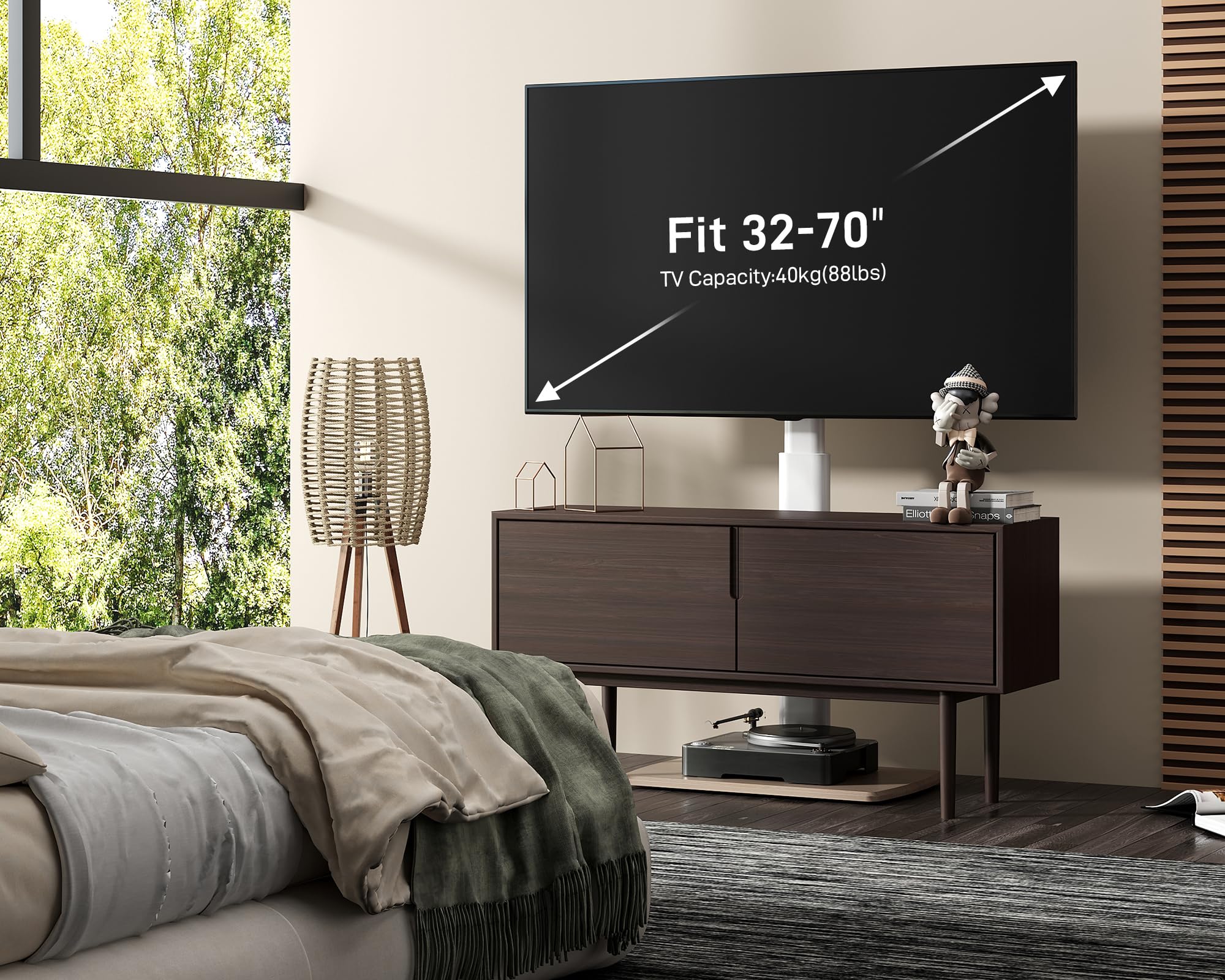 FITUEYES Supporto TV da Pavimento per 32-70 Pollici, 60° Girevole & 6 Altezza Porta TV da Terra con Legno Base, Supporto TV da Terra Max VESA 600x400mm 40kg (Bianco)