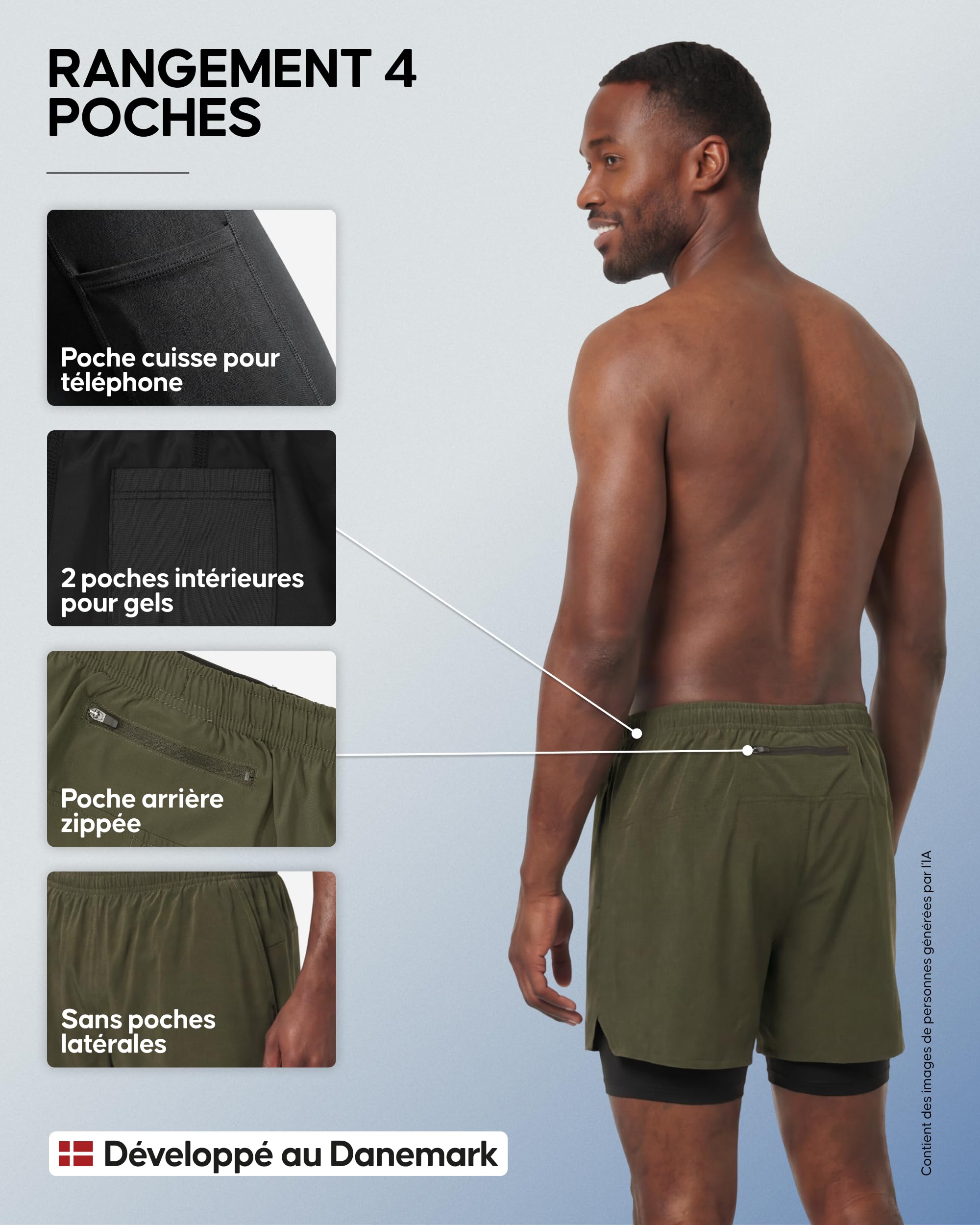 DANISH ENDURANCE Short de Running 2-en-1 Homme, Doublure de Soutien | Short de Course 2-en-1, Doublure de Soutien Anti-Frottement, Séchage Rapide, Poches Anti-Rebond, pour Course et Sport