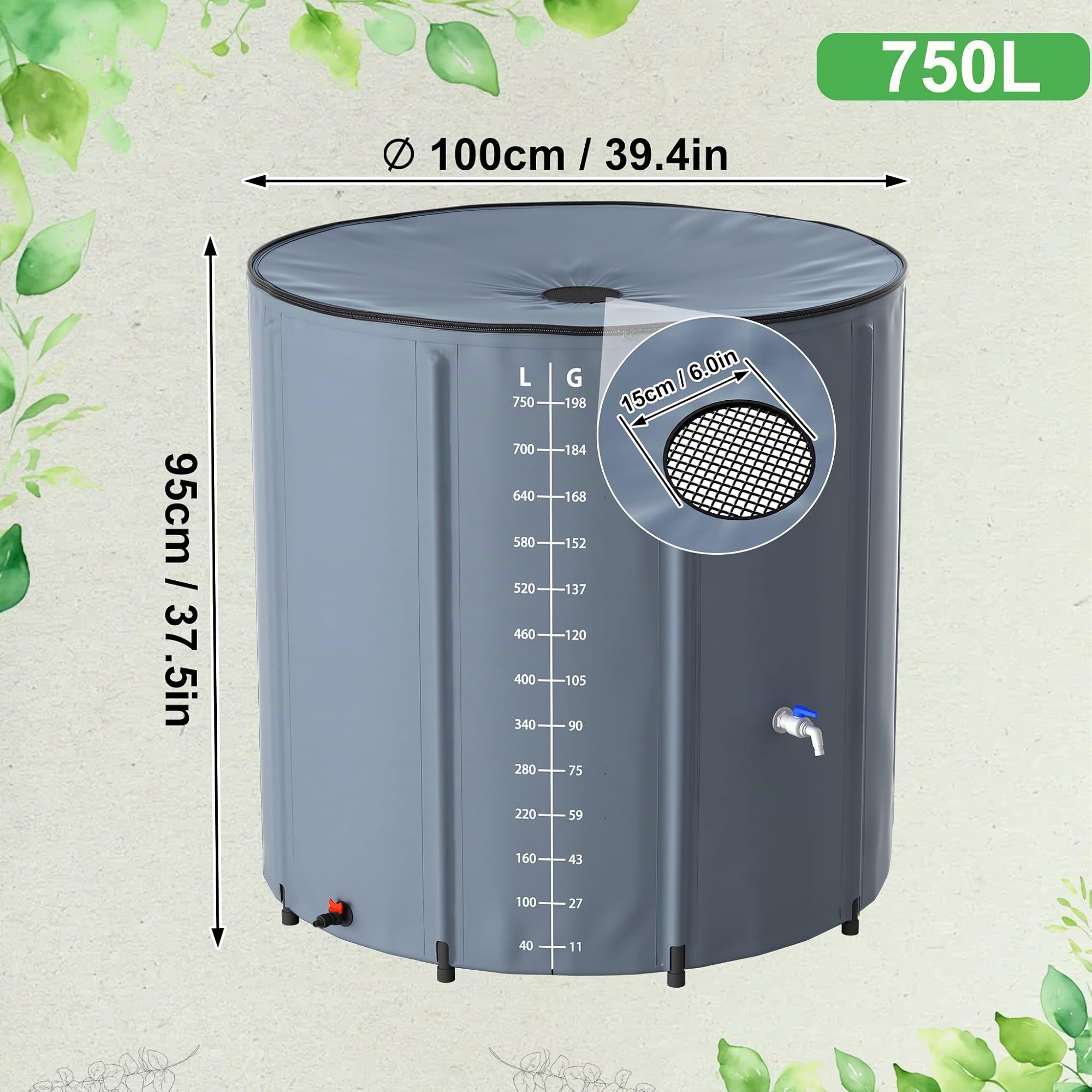 FIVMEN Depósito de Agua Lluvia 750 litros Barril de Lluvia Tanque de Agua Plegable Contenedor Agua de PVC con Tapa y Grifo, Gris Oscuro