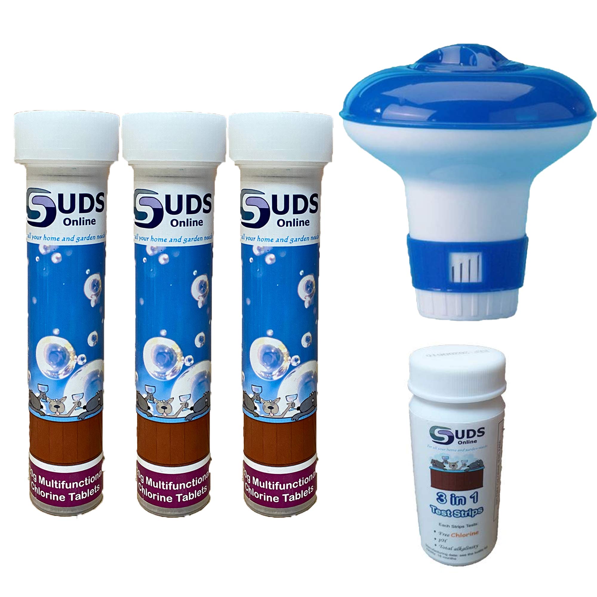 Suds-Online Dispenser With 30 Multifunctional Chlorine Tablets 20G + Test Strips Small