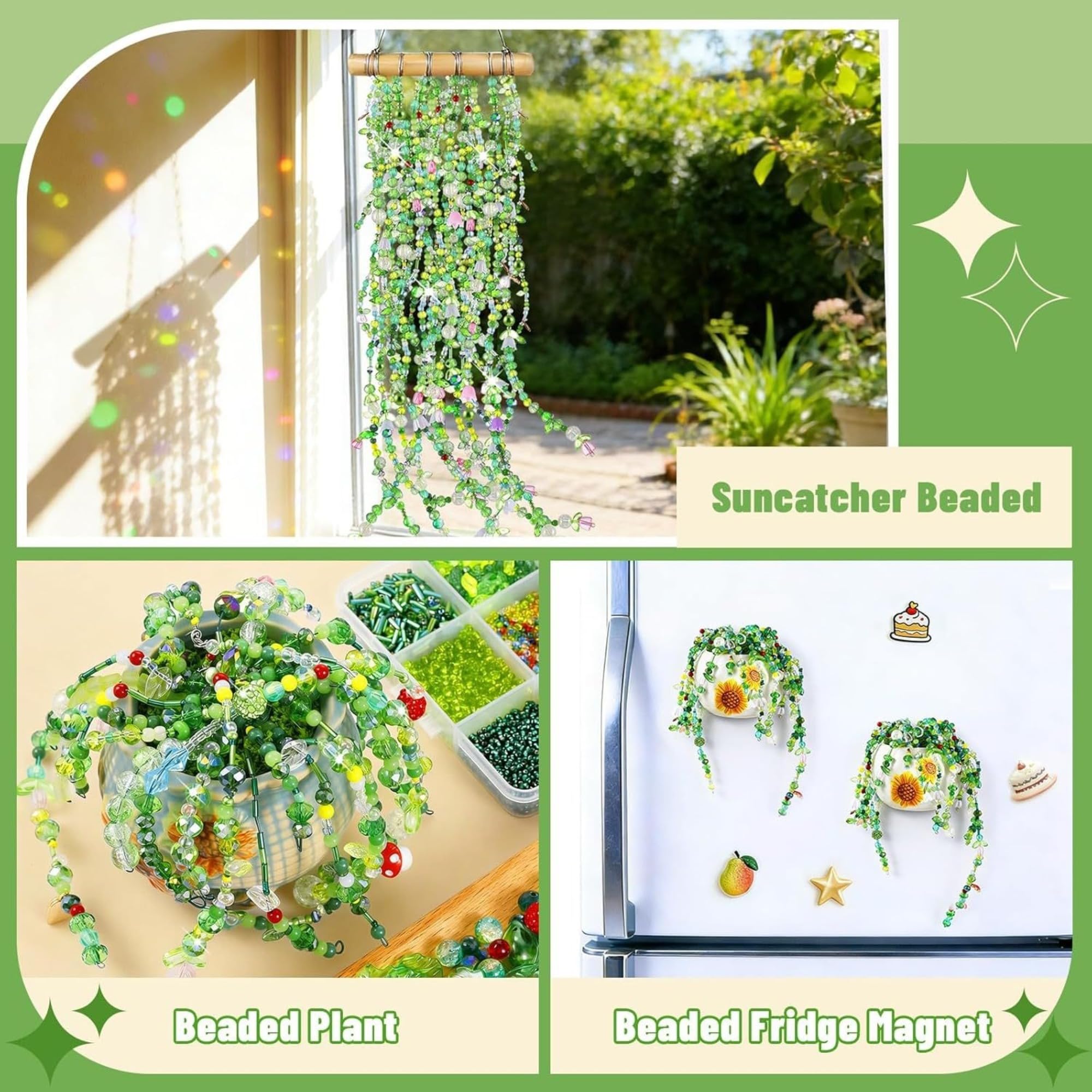 Perlenpflanzen DIY Set mit Grüne Perlen Töpfen Werkzeugen und Anleitung | Grüne Glasperlen zum Auffädeln, 10 cm Disco Kugel Topf, Perlen-Set für Pflanzen-Liebhaber und Bastler