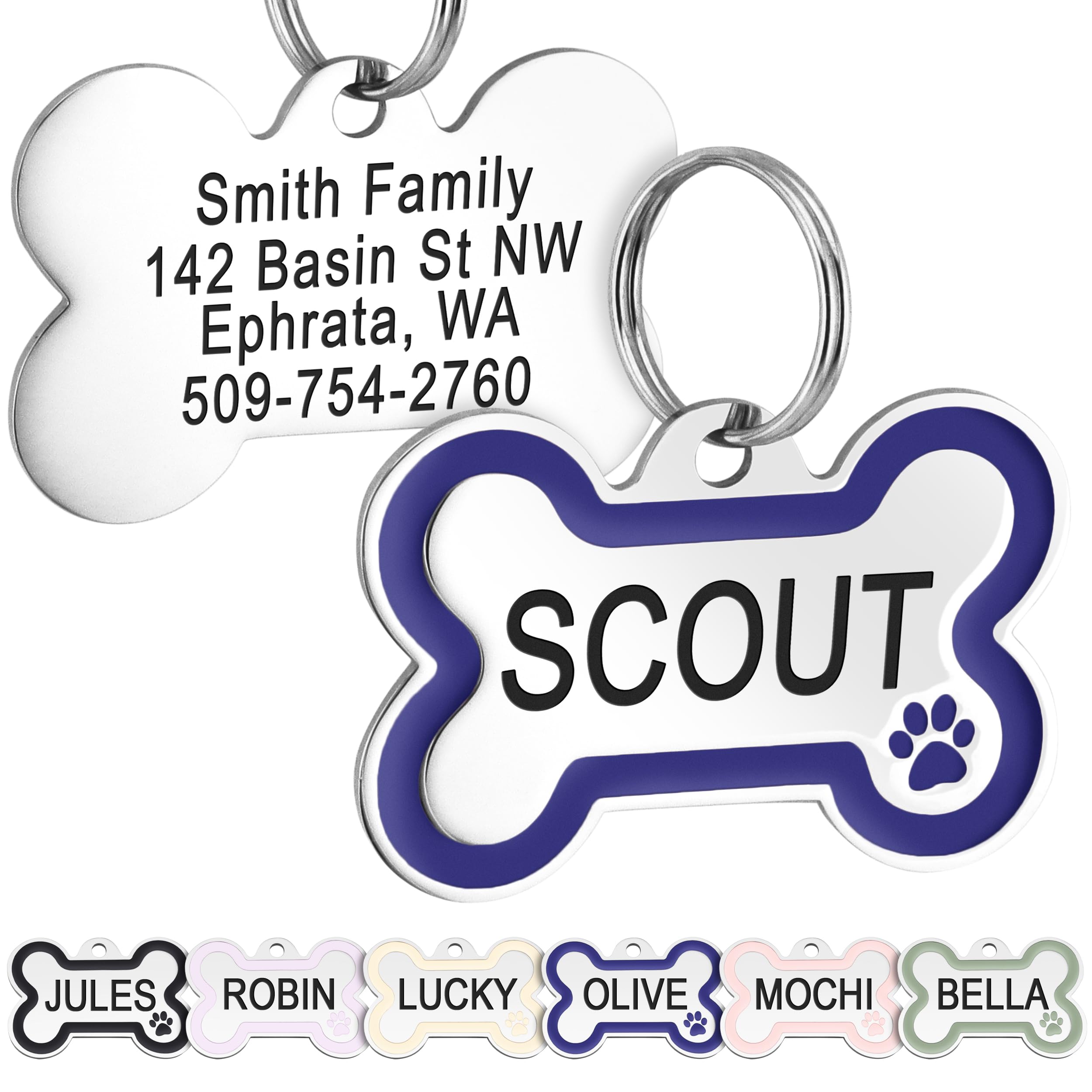 GoTags Stainless Steel Pet ID Bone Round and Heart Shaped Tags with Enamel Paw Design, Personalized Dog and Cat Tags, up to 5 Lines of Custom Text,