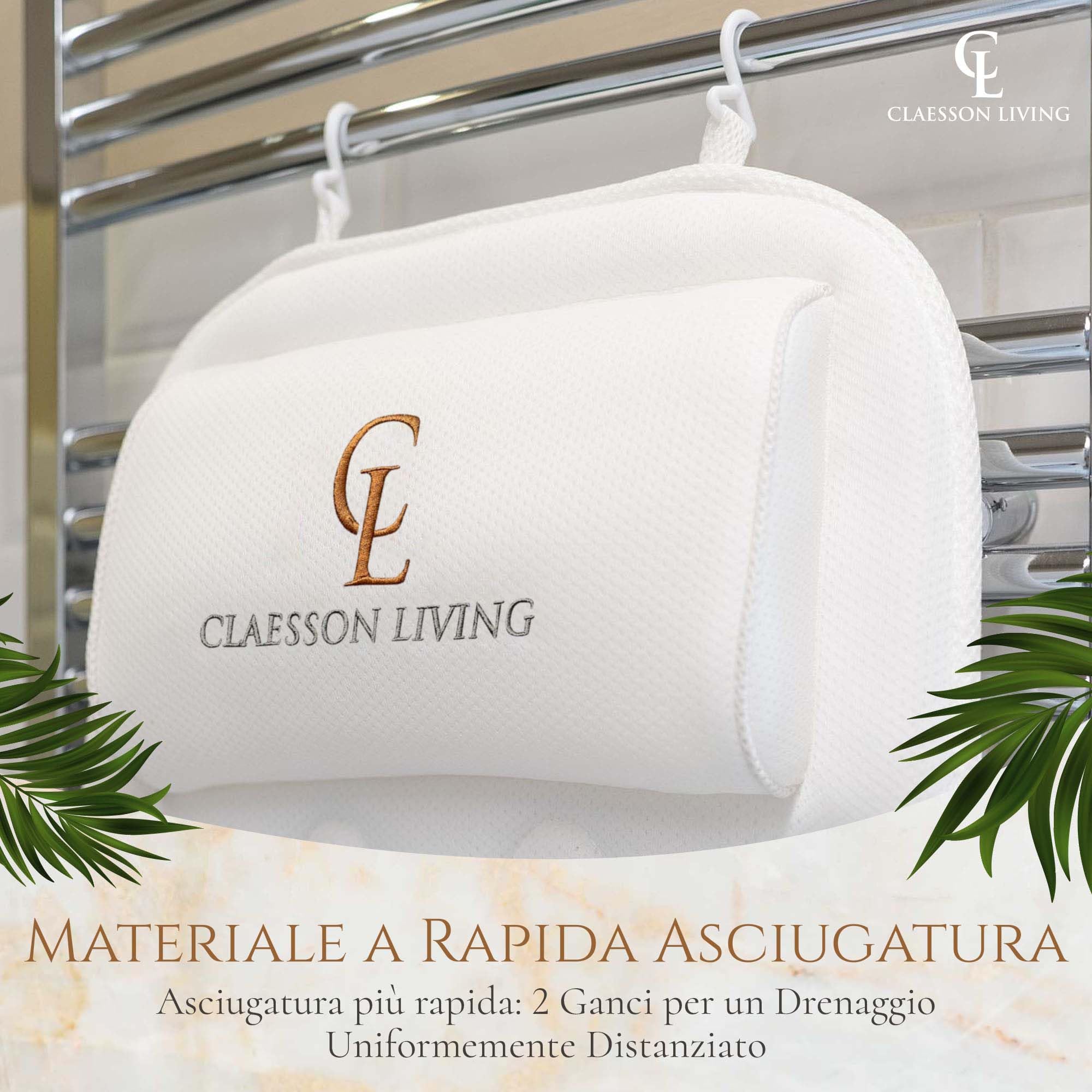 Cuscino Vasca da Bagno per Tutto il Corpo (125x43cm) - Cuscino Bago con ventose e Poggiatesta; Supporta Collo, Schiena e Gambe – Incl. Borse per Lavaggio e da Viaggio e Ganci per Asciugatura - Blanco