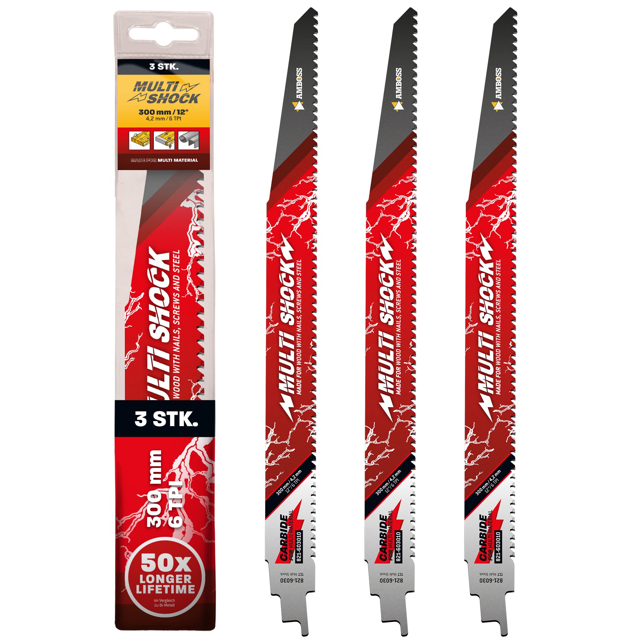 AMBOSS MULTI SHOCK - 3 x lame per sega a sciabola, lunghezza 300 mm/6 ZpZ, ideali per legno con chiodi e legno con viti e acciaio, multimateriale