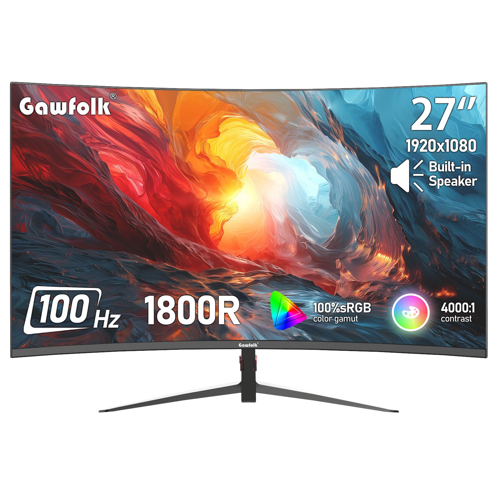 Gawfolk 27 Inch Gaming Monitor FHD 100Hz Curved 1800R Monitor 1080P Frameless Computer Display Screen 100% sRGB 300cd/m² Suitable for office, home and entertainment (Built in Speaker) 27-INCH-FHD100Hz-Built in Speaker