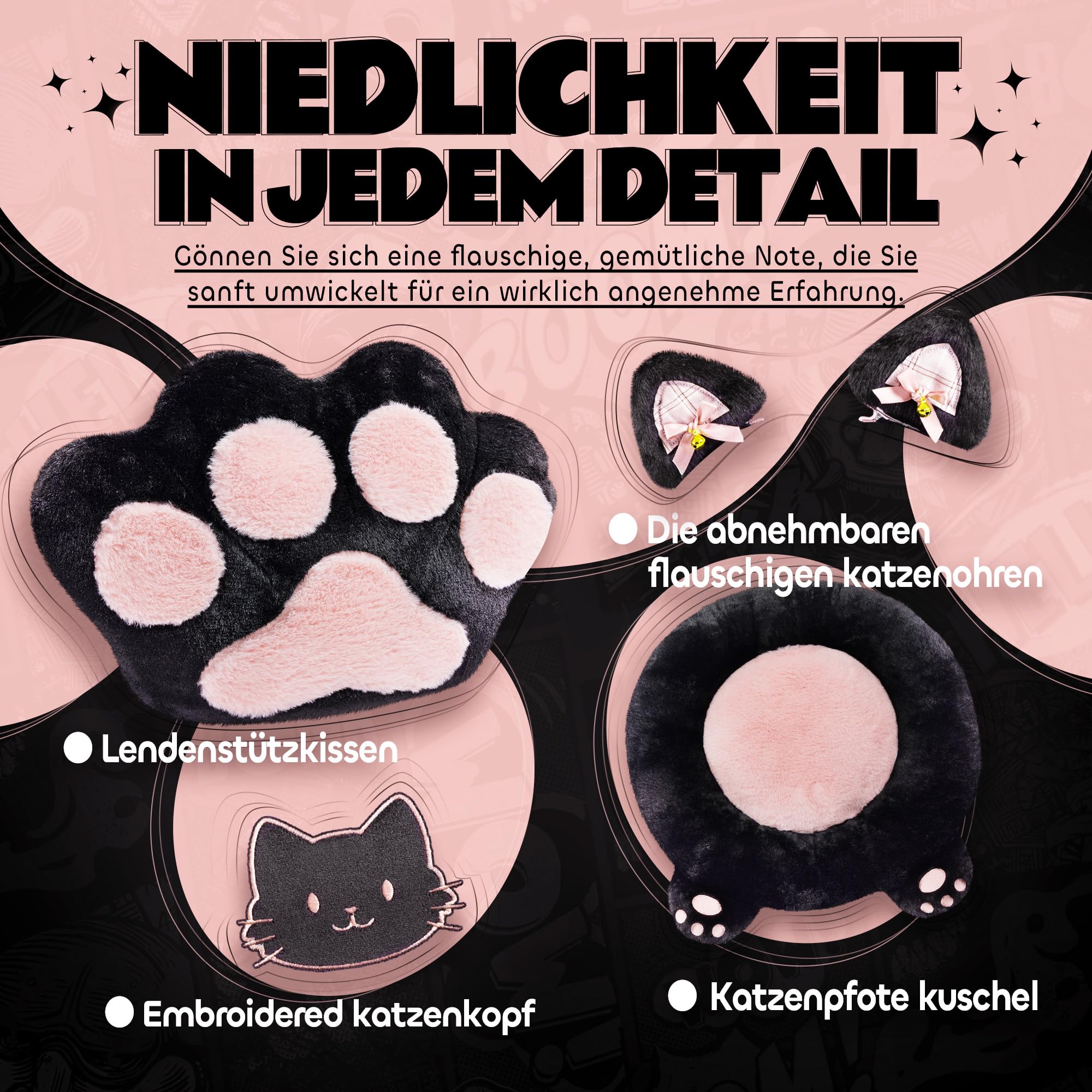 Sedia da gioco con zampa di gatto, cuscino lombare e orecchie di gatto, in velluto, ergonomica, con poggiapiedi, per ragazze, adolescenti, bambini, colore nero e rosa