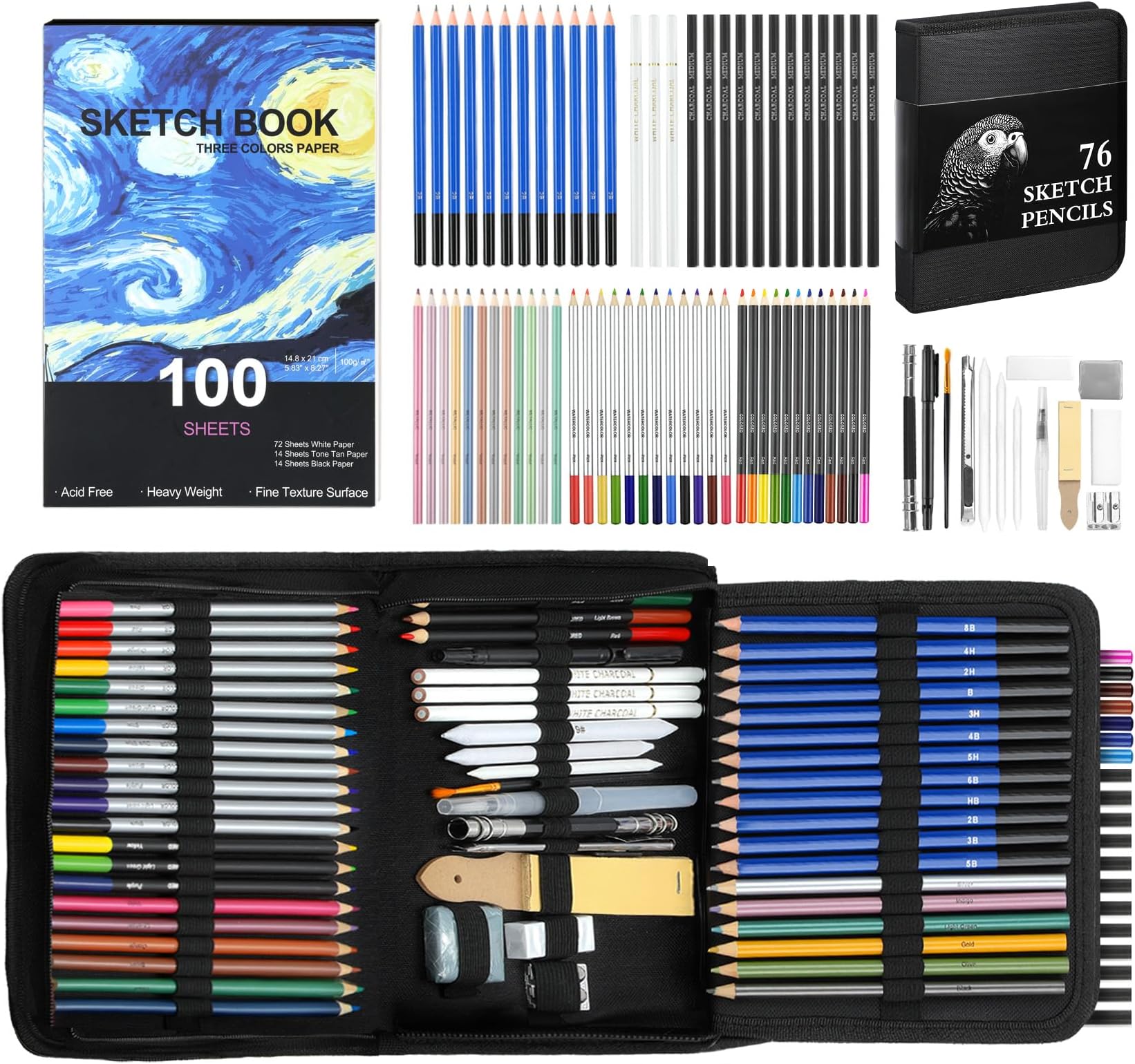 TMOL 76 Pack Art Supplies Sketching Kit with 100 Sheets 3-Color Sketchbook, Drawing Pencils Include Graphite Colored Charcoal Watercolor & Metallic Pencils, for Kids Adults Beginner Artists