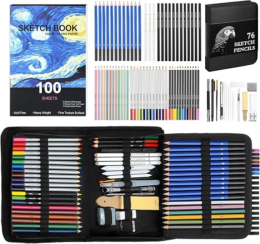 76PCS Art Supplies Sketching Kit with 100 Sheets 3-Color Sketchbook, Drawing Pencils Include Graphite Colored Charcoal Watercolor & Metallic Pencils, Drawing Kit Gifts for Kids Adults Beginner Artists