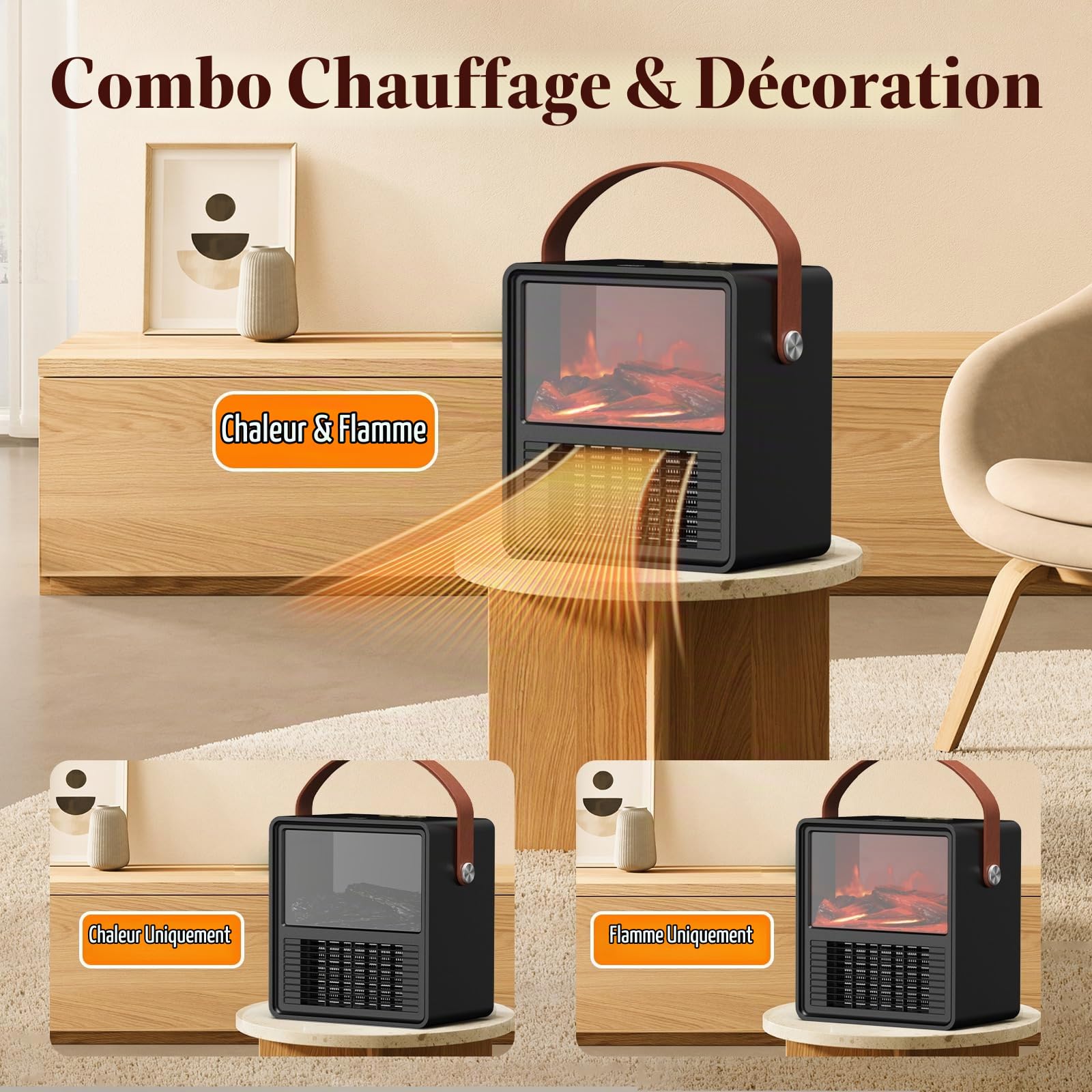Minthouz Chauffage Électrique 1200W/800W avec Effet Flamme 3D, Thermostat Réglable, Silencieux, Économe en Énergie, Protection Contre la Surchauffe et le Renversement – Idéal pour Chambre & Bureau