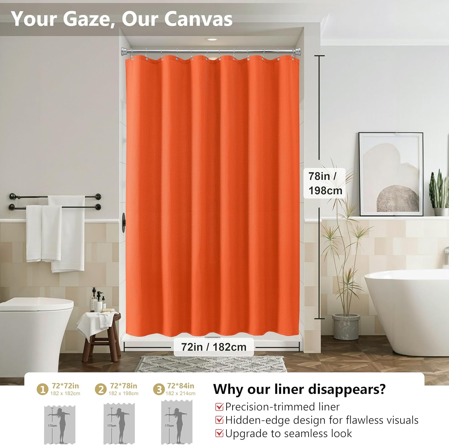 Luxury 3 in 1 Shower Curtain Set 3D Textured Waffle Weave Bathroom Curtain with Waterproof SGS Certified Fabric Liner & 12 Anti-Fall Stainless Steel Hooks, Machine Washable 72"x78" (Orange)