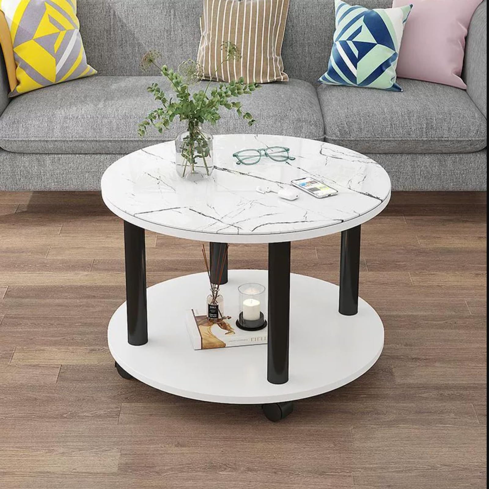 Table basse ronde moderne blanche à roulettes pour salon et appartement