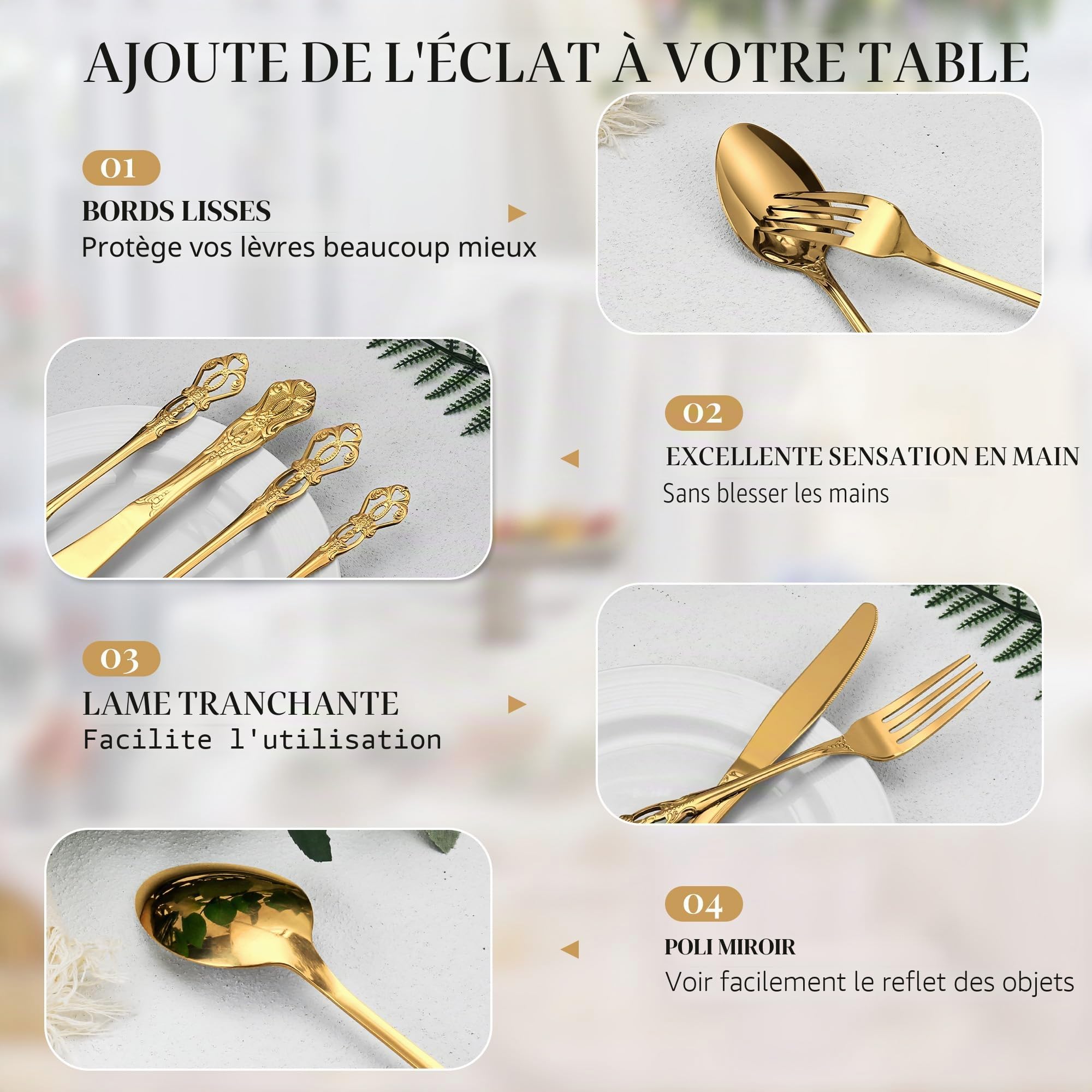 Couverts de Table doré, Vintage Ménagère 20 pièces en Inox pour 4 Personnes Comprend des Couteaux/Fourchettes/Cuillères, Poli Miroir/Lavable au Lave-vaisselle Couverts pour la Maison Divertissement