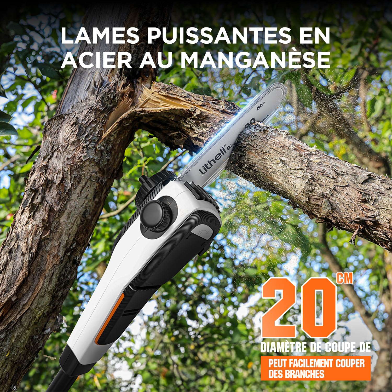 Litheli Élagueuse sur Perche sans Fil 20V avec Batterie, Tronçonneuse Télescopique 20cm, 8m/s, 3800 RPM, Portée 3.4 m, Réglage Automatique & Lubrification Automatique, pour Branches et Jardin