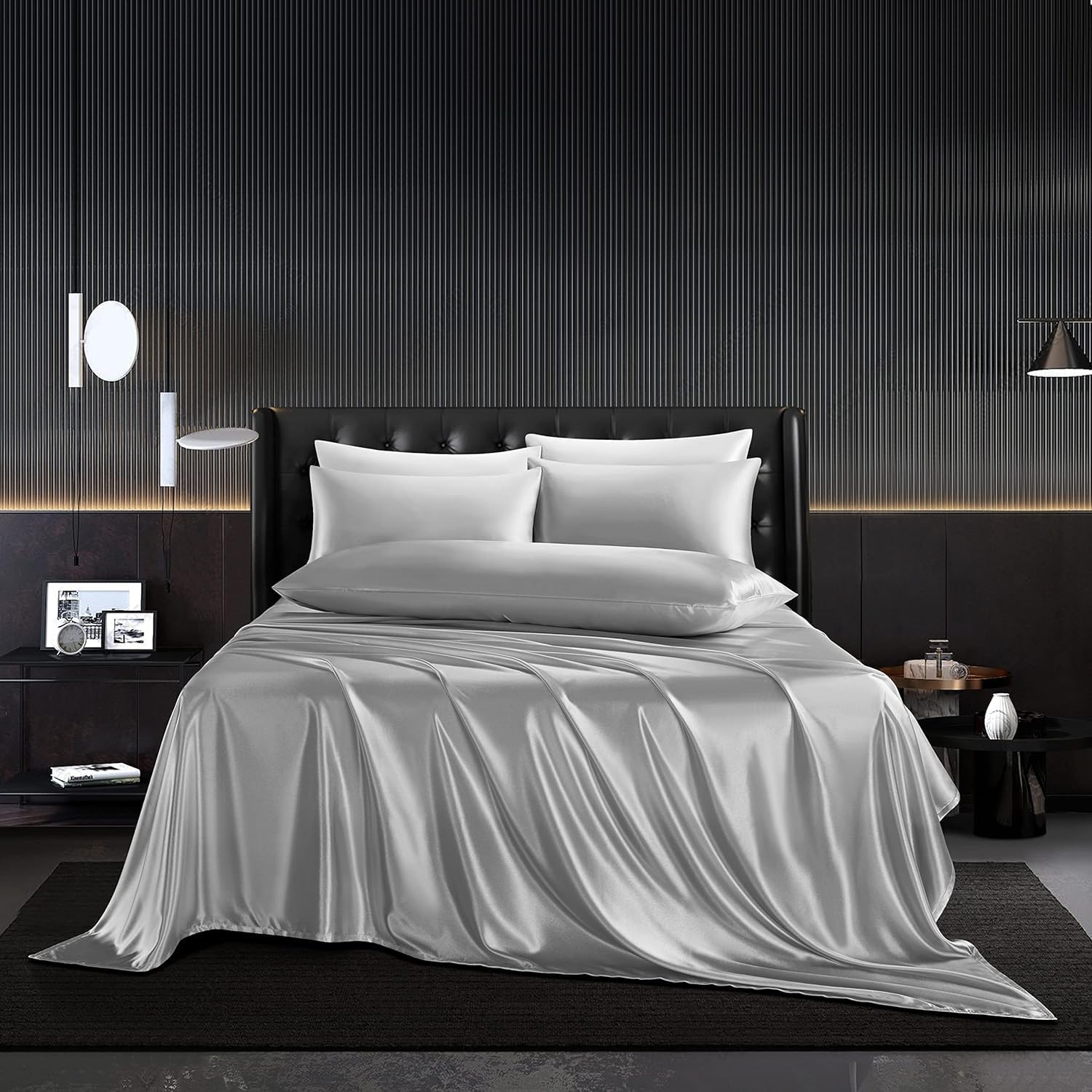Dehman Silky Satin Silk Duvet Cover, 22 Momme Mulberry Silk, Hypoallergenic,for Hair Beauty, Prevent Side Sleeping Wrinkles, Have Good Dreams (California King (108"x96"), Silver Grey)-image-2