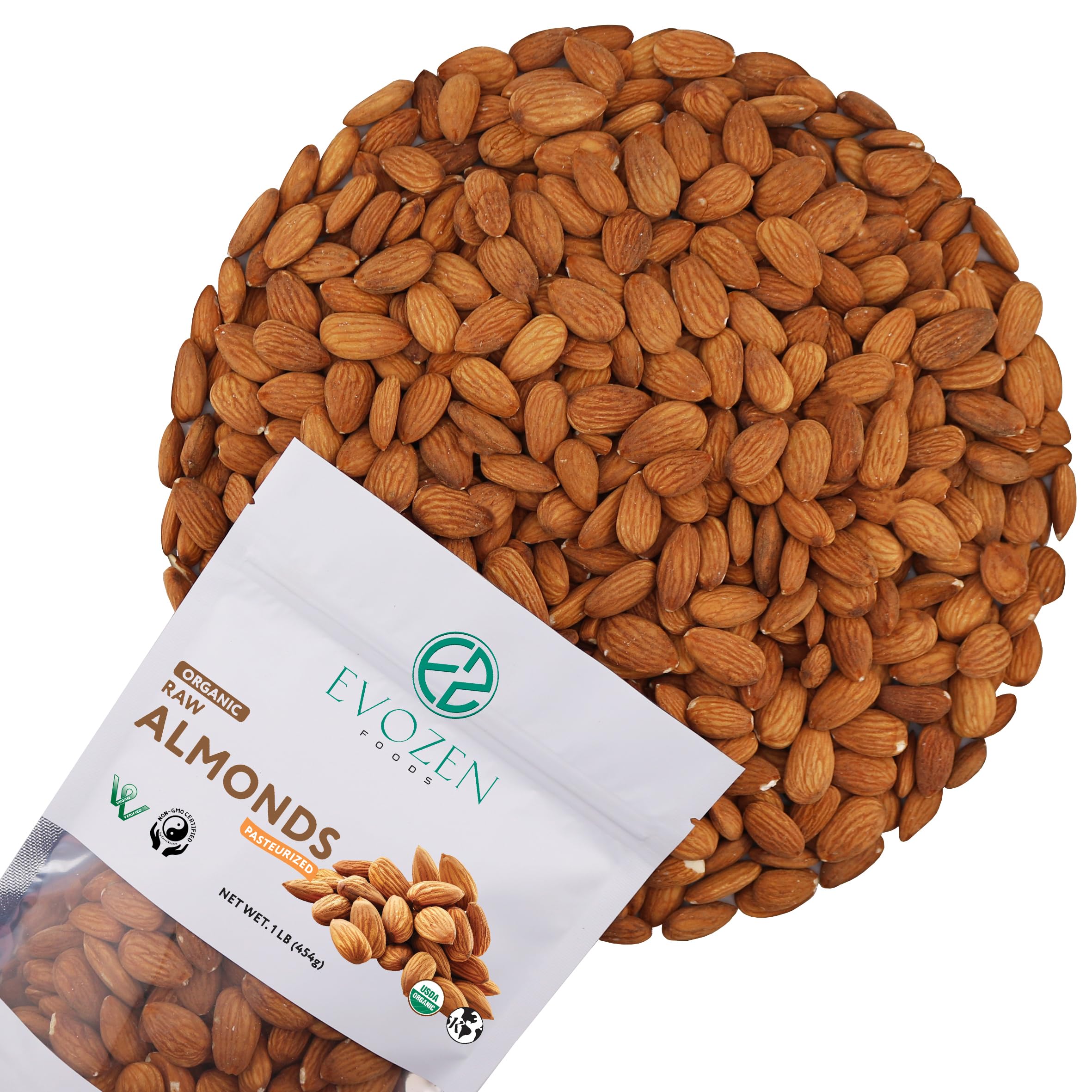 EvoZen Foods Organic Whole Raw Almonds, Non-GMO, Certified Kosher, Vegan, Pasteurized, Great Healthy Snack (1 Pound)USDA Organic