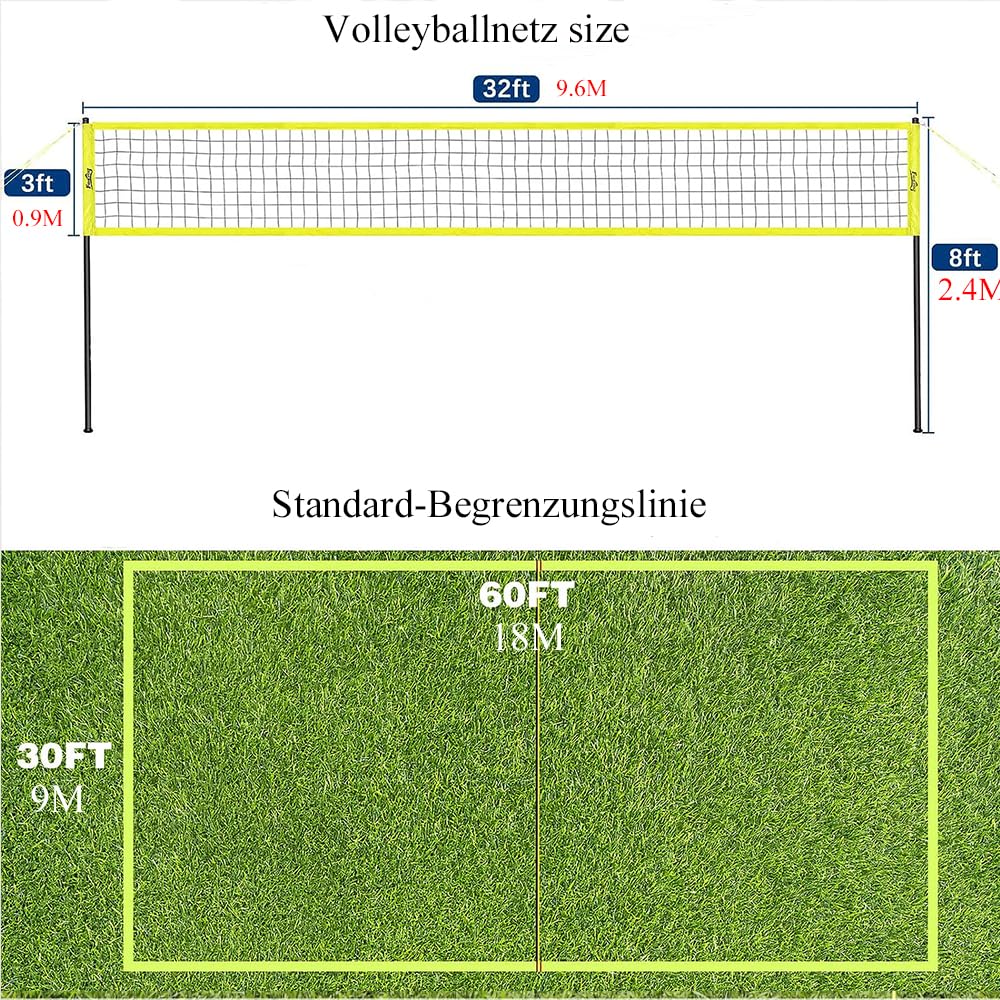 COSTWAY Volleyballnetz Outdoor, 9,5 x 1 m Pool Volleyball Netz Höhenverstellbar mit Ständer, Volleyball, Hammer, Pumpe & Tragetasche, tragbare Beachvolleyball für Garten, Strand, Hinterhof (Gelb