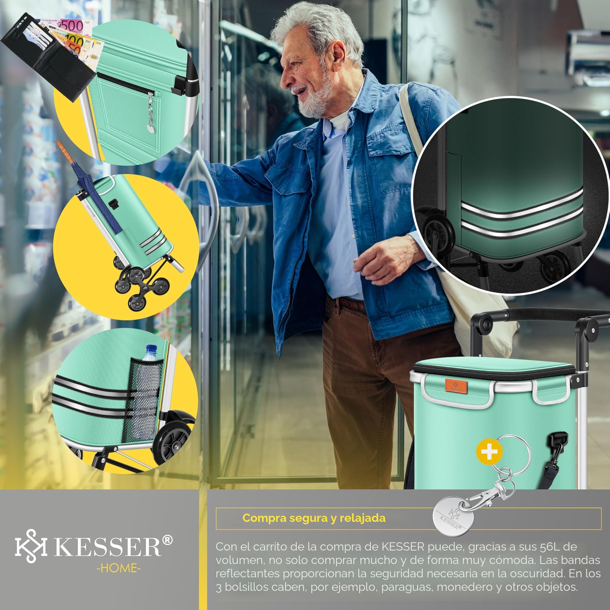 KESSER® Carro de la compra- Carro de la Compra con Compartimento Frigorífico, 56L de Capacidad, Capacidad de Carga hasta 50kg, 3en1 Carro y Bolsa bandolera, incl. Chip de compra, Plegable, Verde Menta