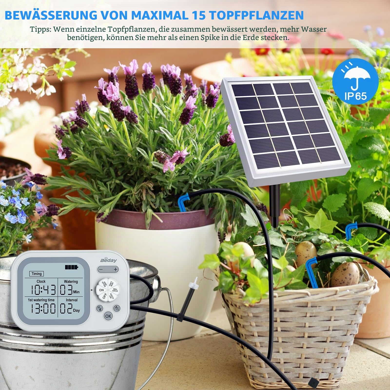 Automatisches Solar-Tropfbewässerungssystem, unabhängiger Timer, Bewässerungsset, System für 15 Topfpflanzen, geeignet für die Bewässerung von Topfpflanzen im Innenbereich, Garten und Balkon
