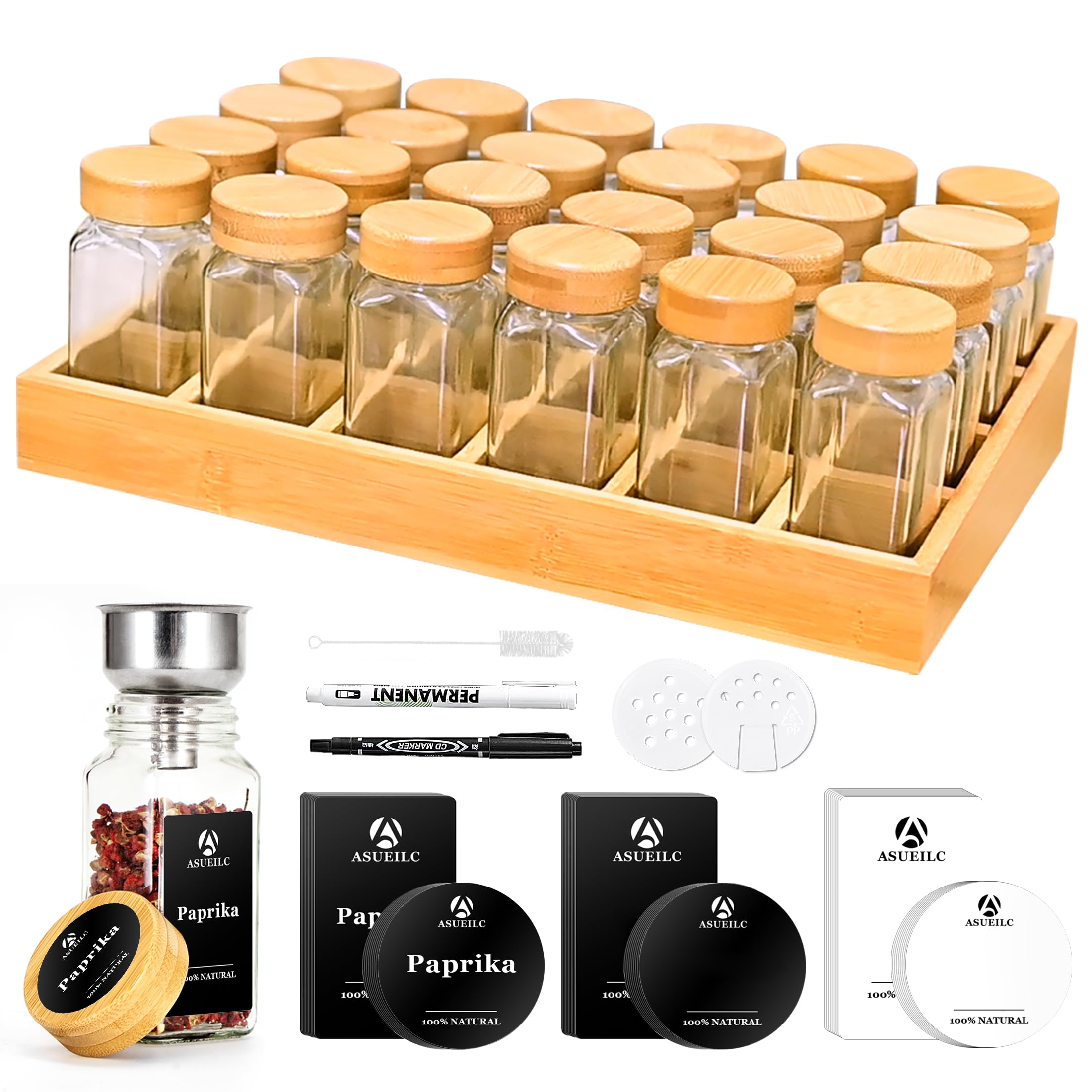 DSUID Natural Bamboo Spice Rack with Jars, Spice Rack Cabinet Set with 24 Square Spice Jars and 180 Black Label, Bamboo Suitable for a Tidy and Organised Kitchen — image 1