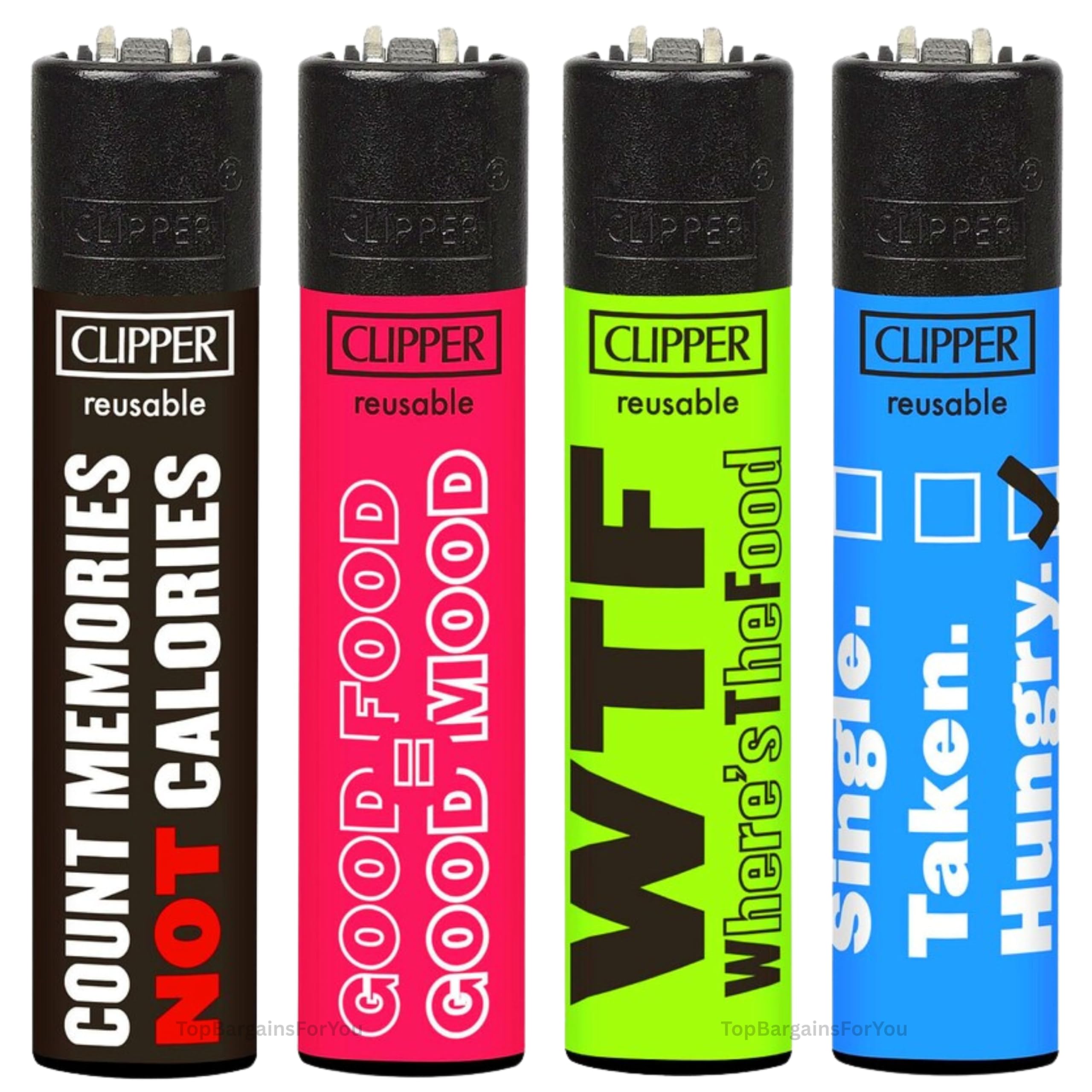 Zactly - 4 x Clipper Lighter Set Gas Refillable Windproof Lighters Standarad Size Replaceable Flint Rare Limited Edition (Food Quoted)