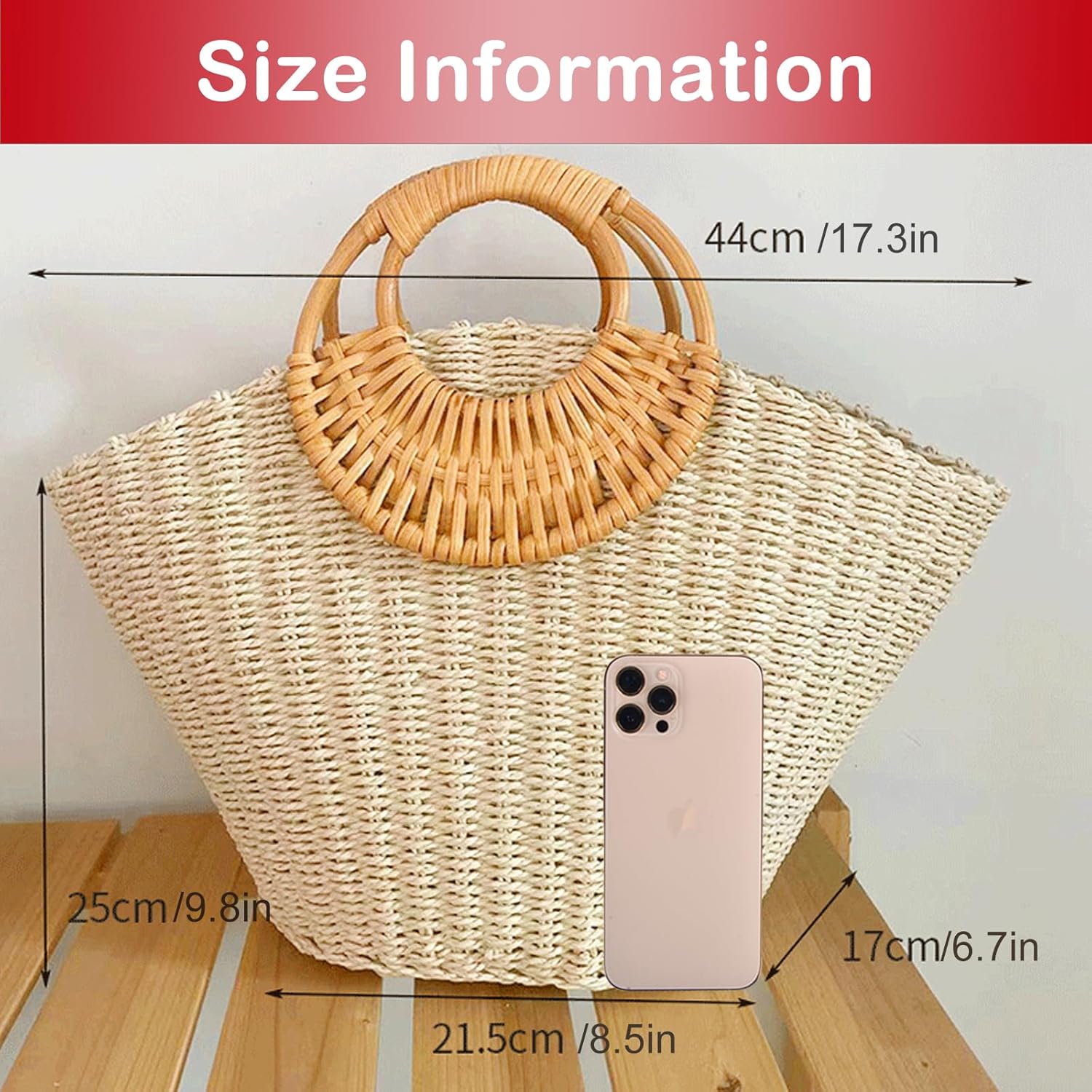 QZUnique Hand-woven Straw Bag Women Summer Beach Handbag Purse Retro Rattan Tote Clutch Travel Bag with Wood Round Top Handle