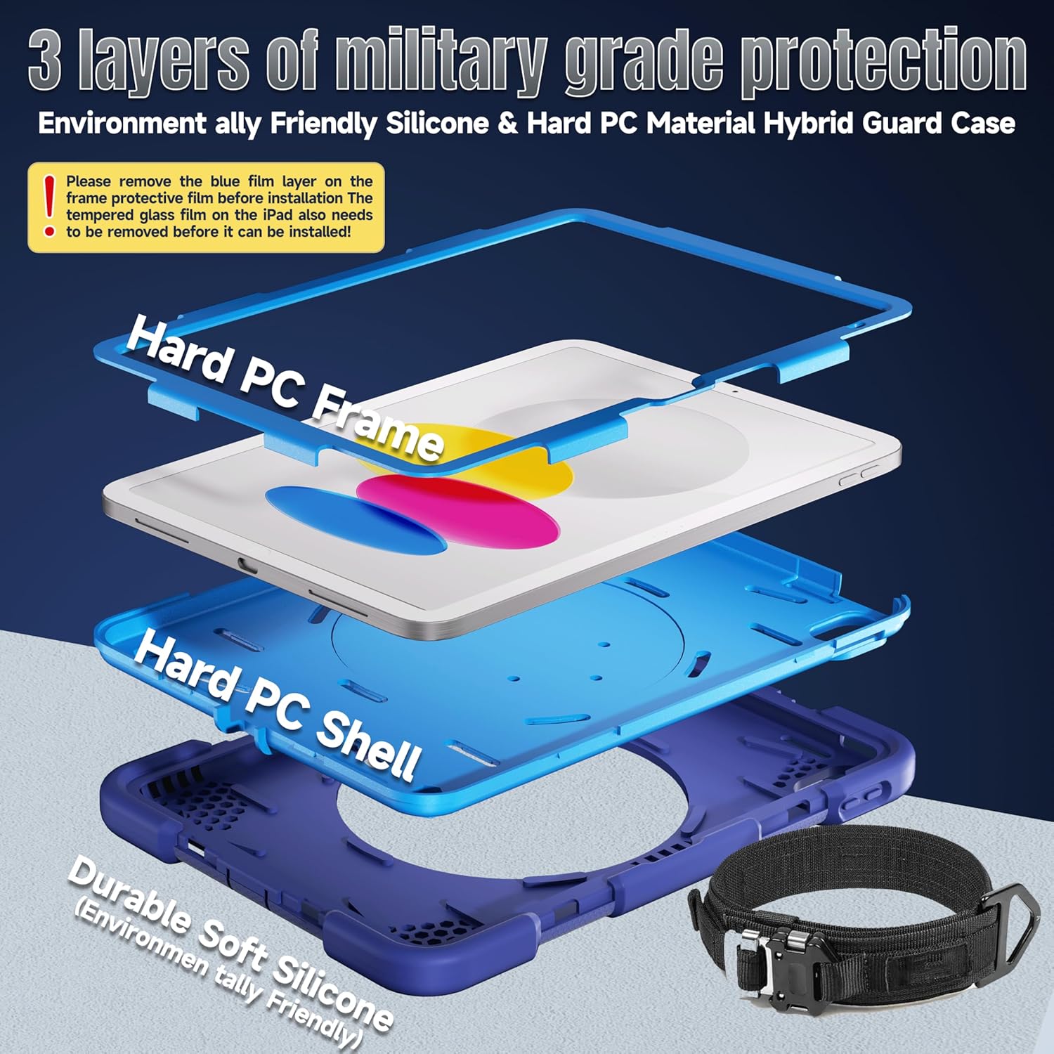 Case for iPad (A16) 11th /10th Generation 11/10.9 Inch 2025/2022 with Screen Protector/360° Rotate Stand/Shoulder Strap/Pencil Holder, Shockproof iPad 11th/10th Gen Cover (Navy+Blue) - Image 3