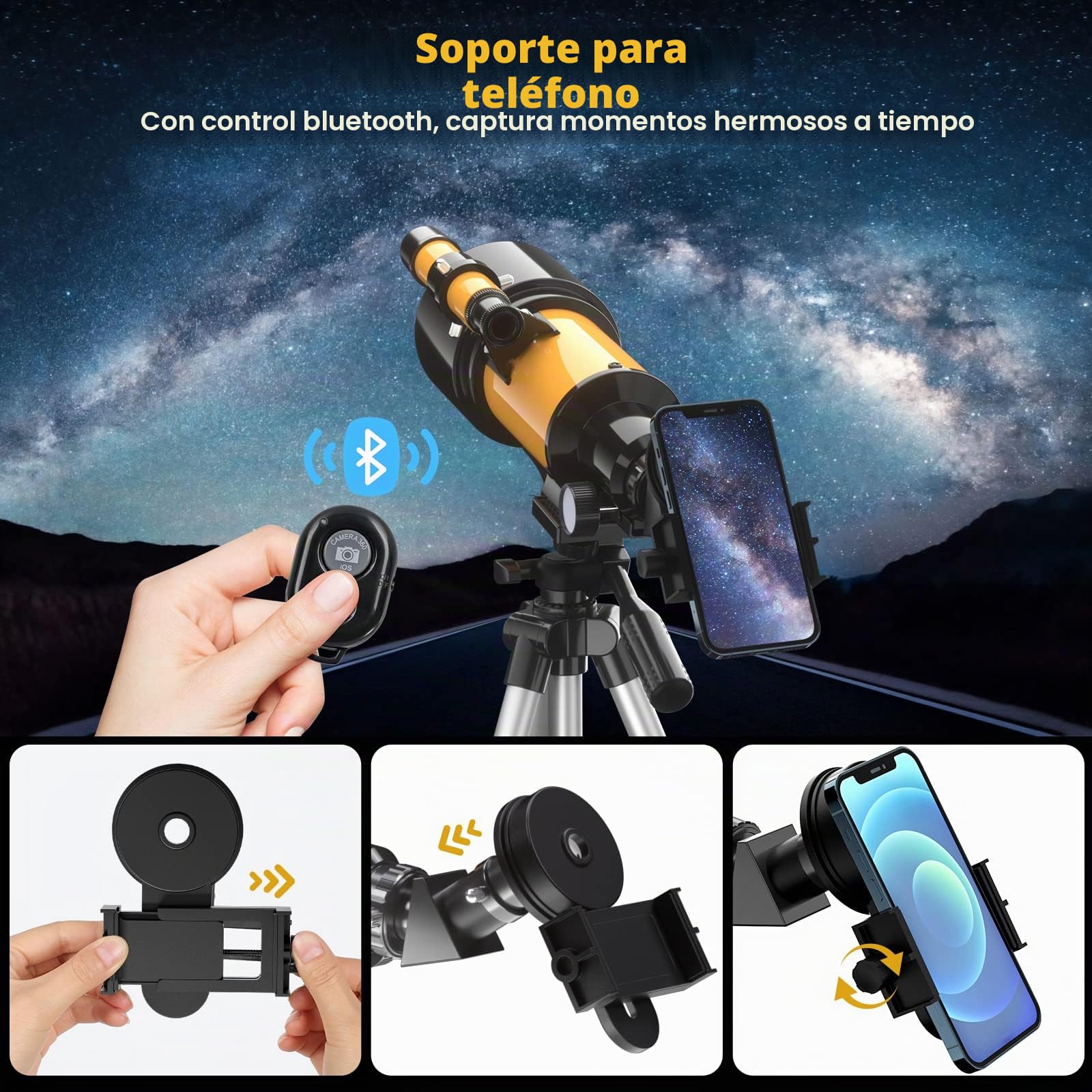 Telescopio Astronómico 70/300mm HD, Telescopio Refractor Portable, con Barlow, Trípode Ajustable y Control Remoto, Buscador para Principiantes, Niños y Aficionados, Observar la Luna, 15-150X