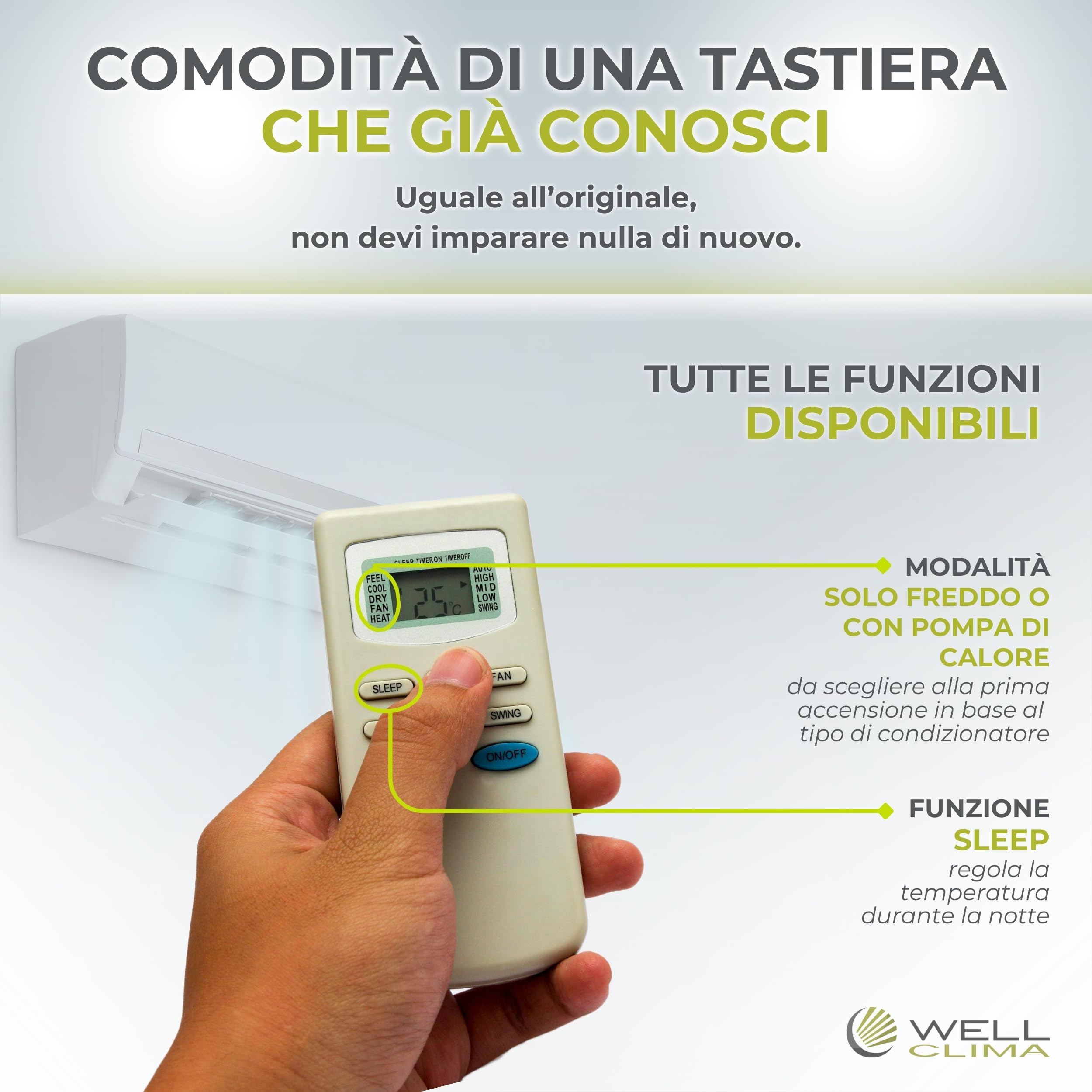 Wellclima Telecomando GYKQ-03 per Condizionatori, Sostituisce lo Stesso Modello per De Longhi per Hokkaido per Tudor per Zephir per Airton per Kendo per Mizushi per Tectro per Bent per Sekom ed Altri