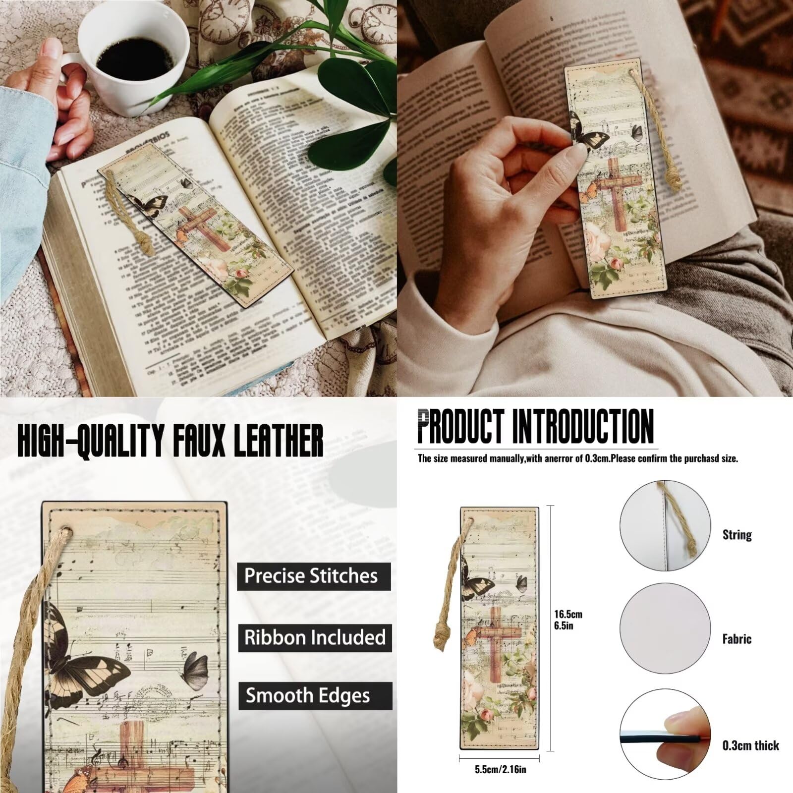 Funda de piel sintética con estampado de cruz de mariposa y rosa retro, bolsa para la Biblia con 2 marcapáginas y bolsillos con cremallera, funda de transporte para libros para estudio de